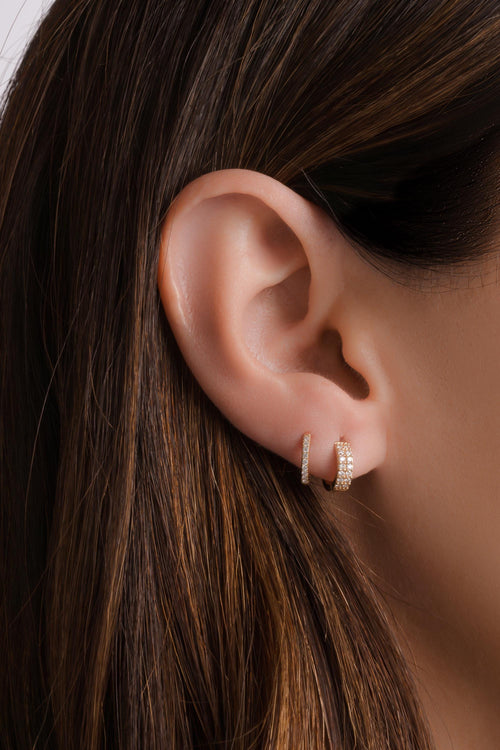 14k Solid Gold Two Row Diamond Huggie Earrings by Sami Jewels, Small Gold Hoops, Huggie Earrings, Diamond Earrings