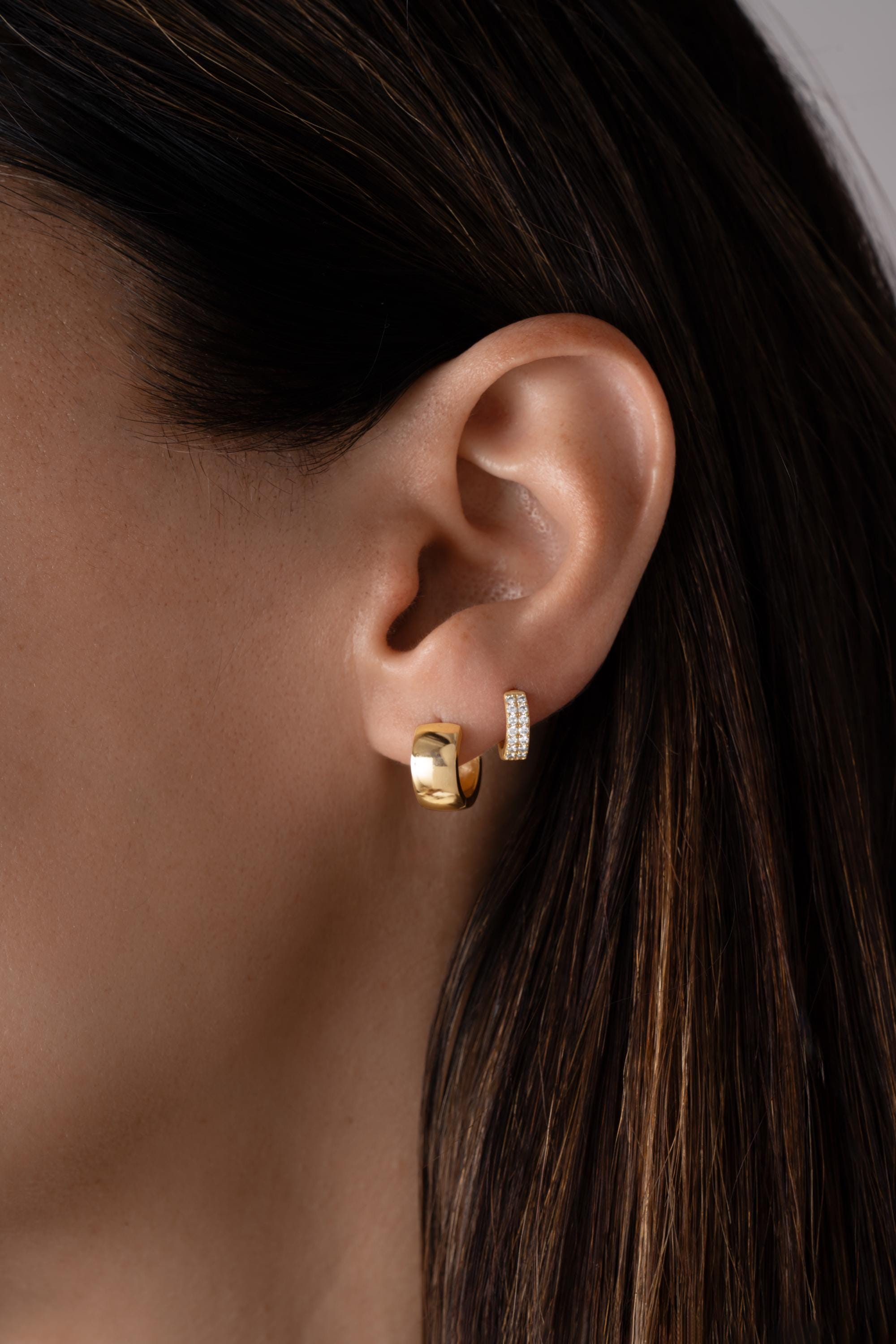 14k Solid Gold Two Row Diamond Huggie Earrings by Sami Jewels, Small Gold Hoops, Huggie Earrings, Diamond Earrings