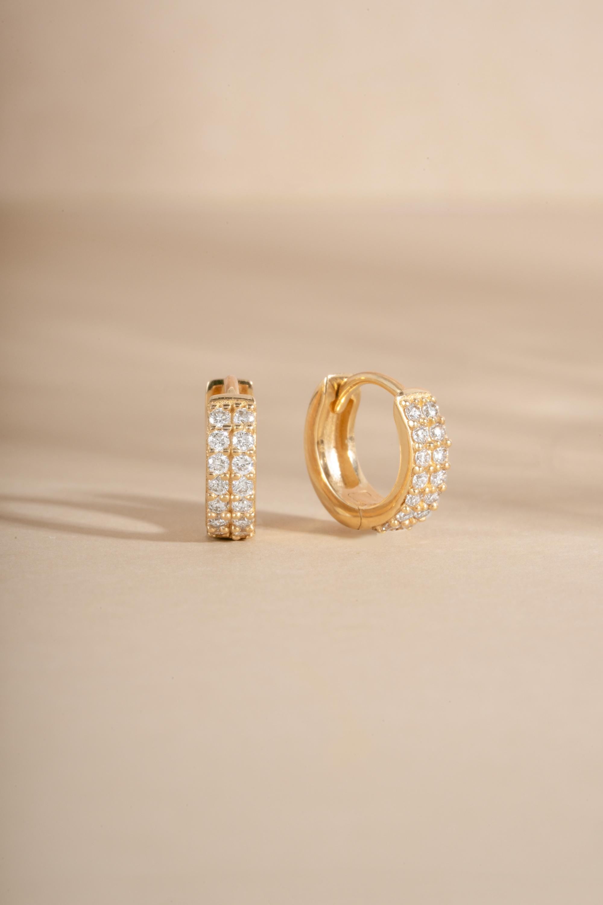 14k Solid Gold Two Row Diamond Huggie Earrings by Sami Jewels, Small Gold Hoops, Huggie Earrings, Diamond Earrings