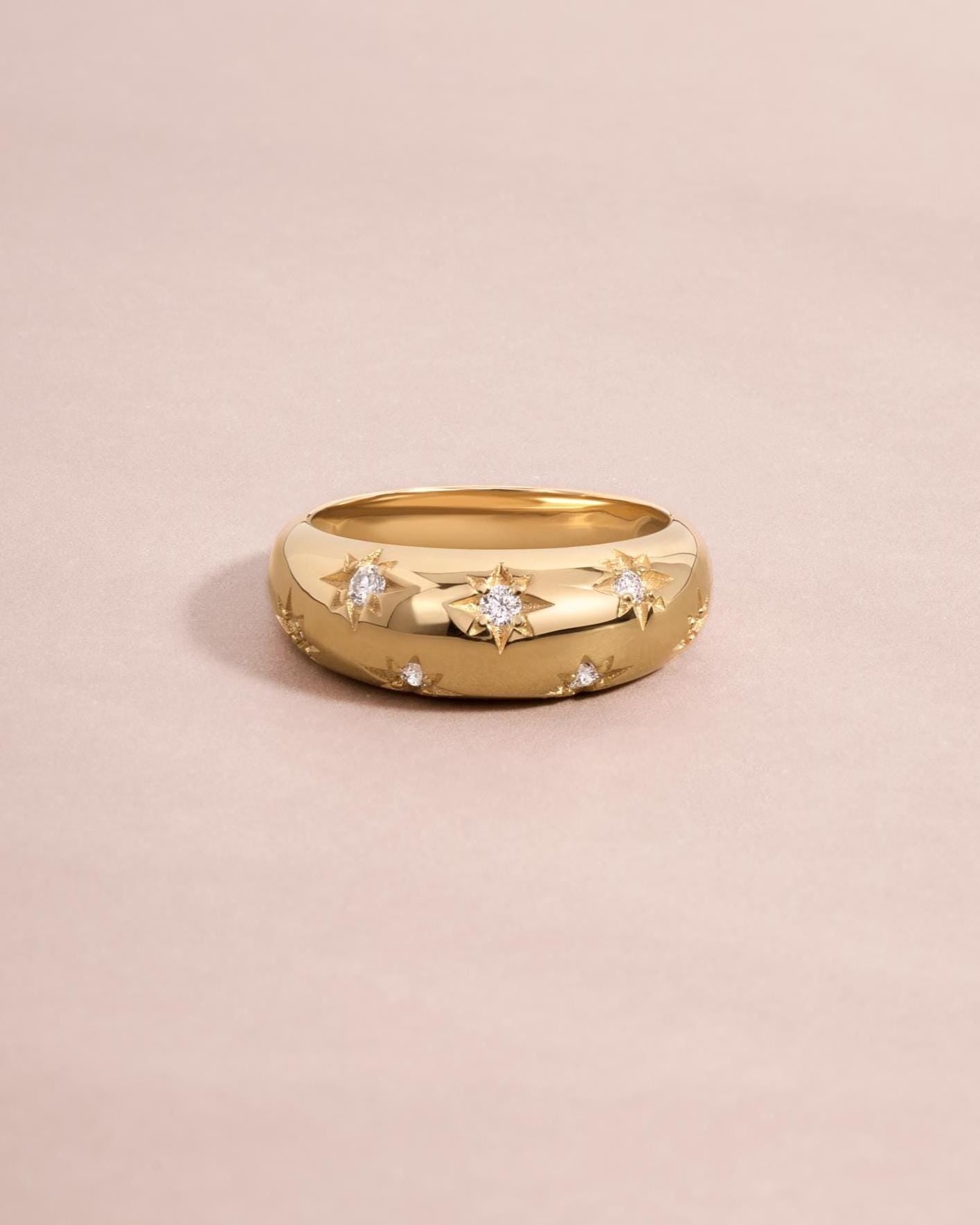 14k Solid Gold Star Dome Ring by Sami Jewels, Lab Diamonds, Fine Jewelry, Celestial Ring, Solid Gold Ring