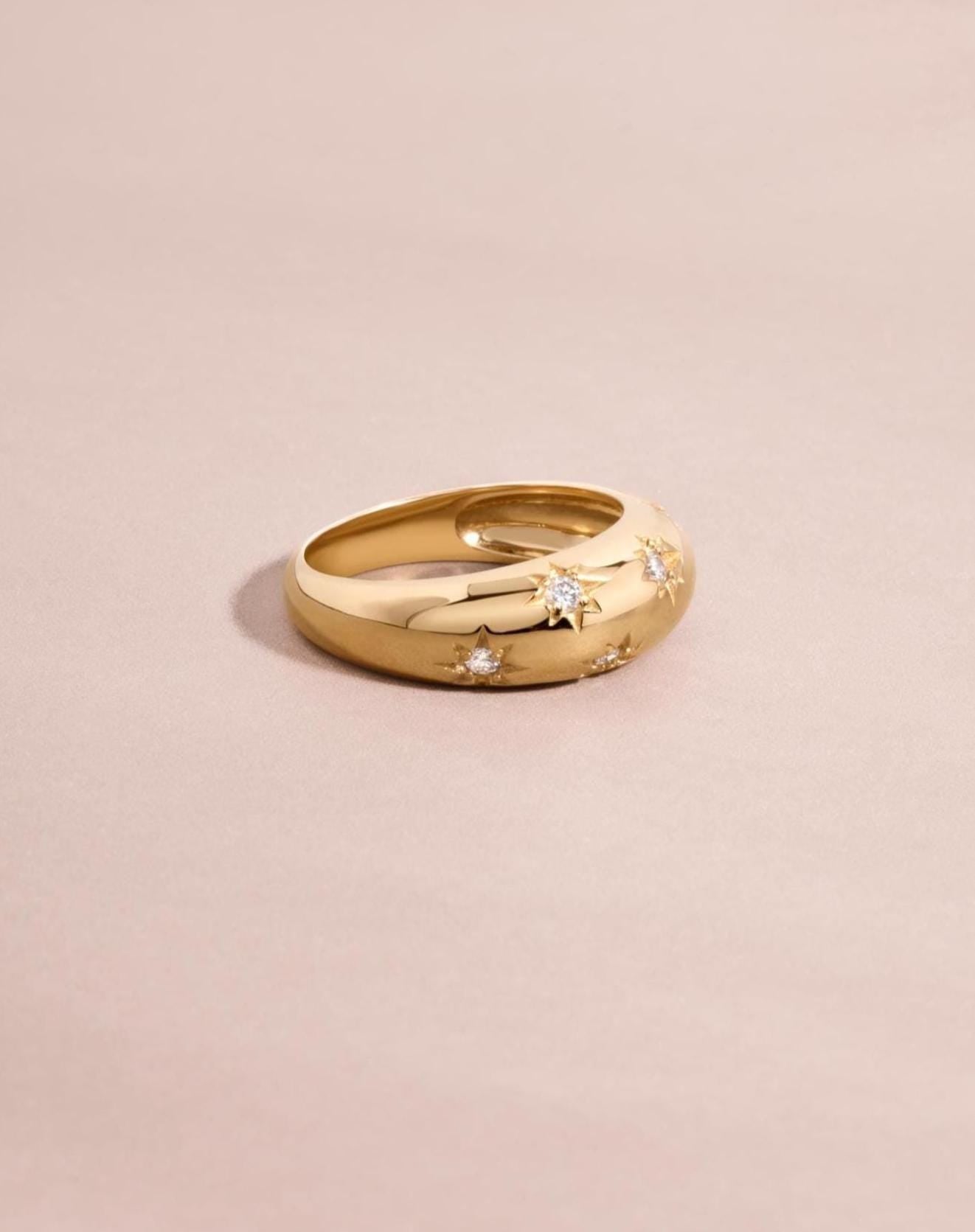 14k Solid Gold Star Dome Ring by Sami Jewels, Lab Diamonds, Fine Jewelry, Celestial Ring, Solid Gold Ring