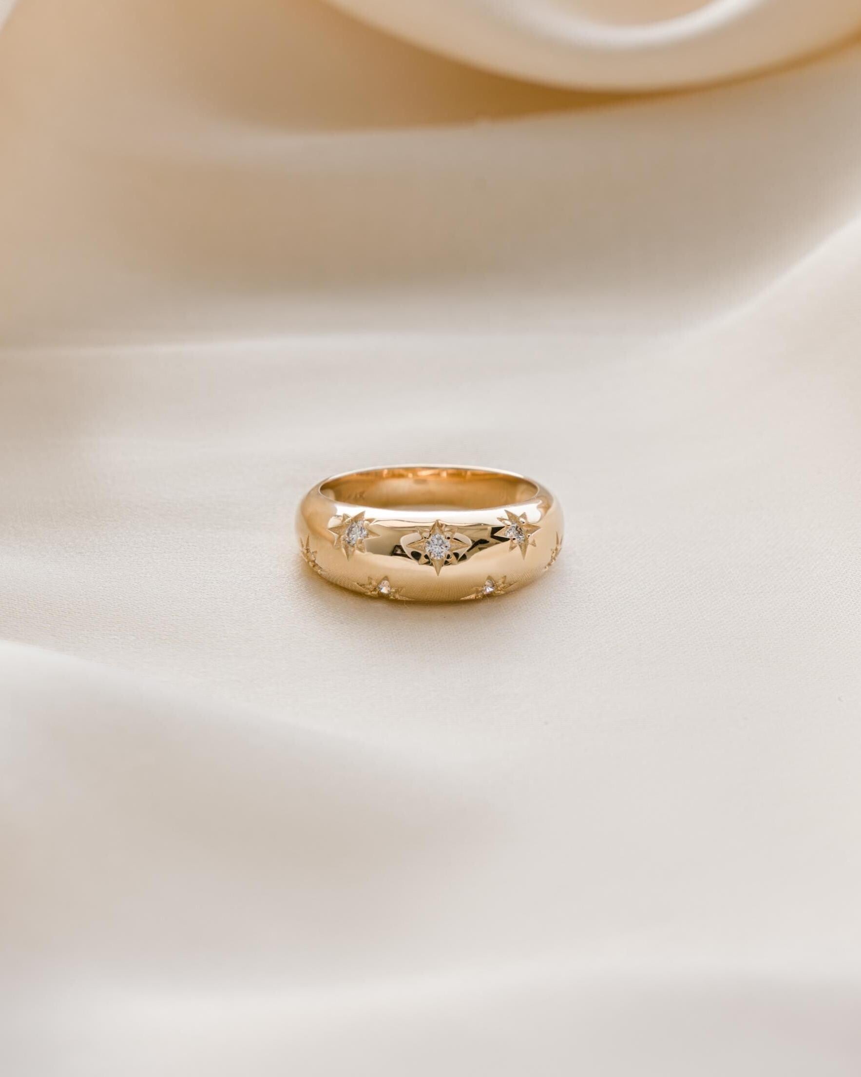 14k Solid Gold Star Dome Ring by Sami Jewels, Lab Diamonds, Fine Jewelry, Celestial Ring, Solid Gold Ring