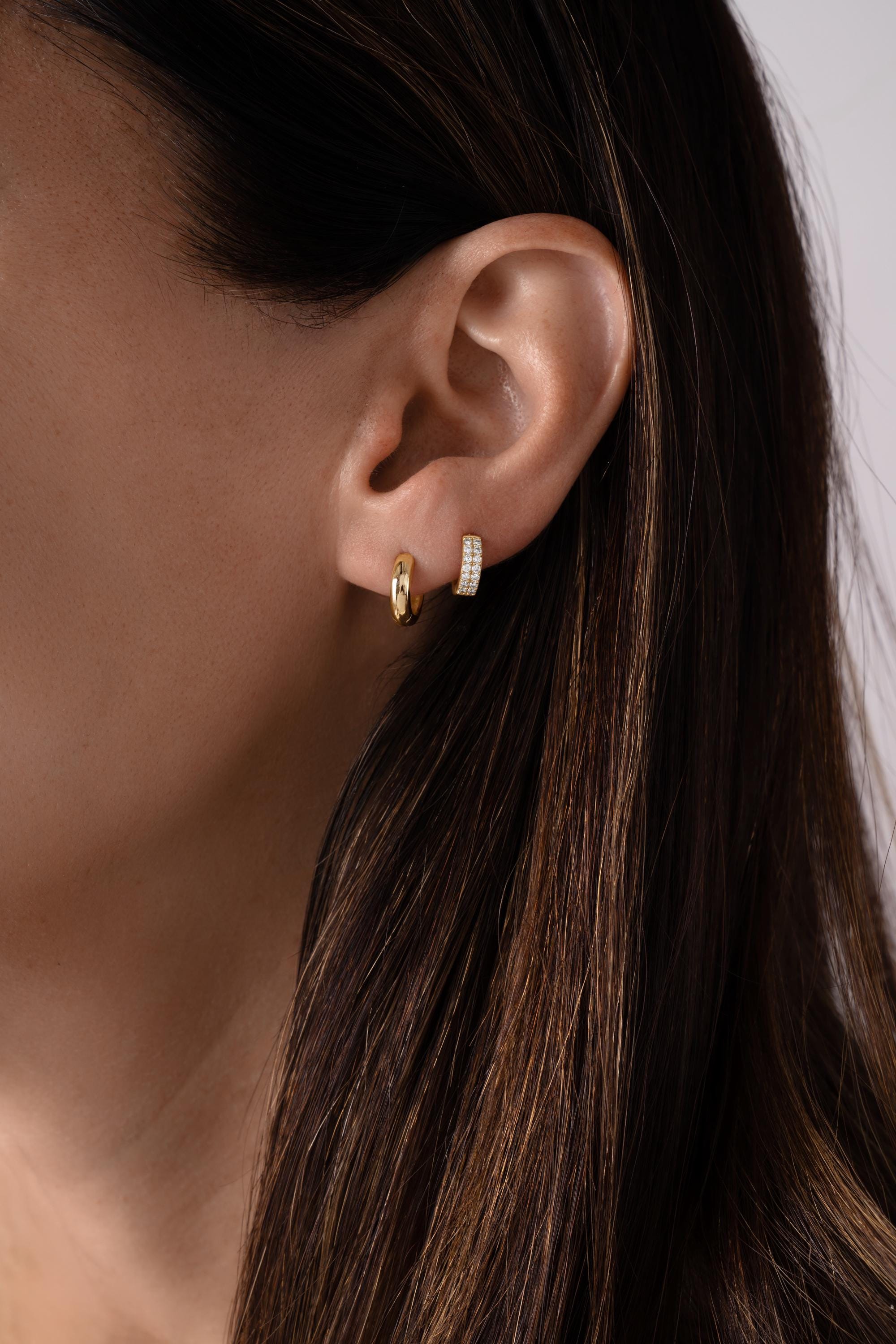 14k Solid Gold Two Row Diamond Huggie Earrings by Sami Jewels, Small Gold Hoops, Huggie Earrings, Diamond Earrings
