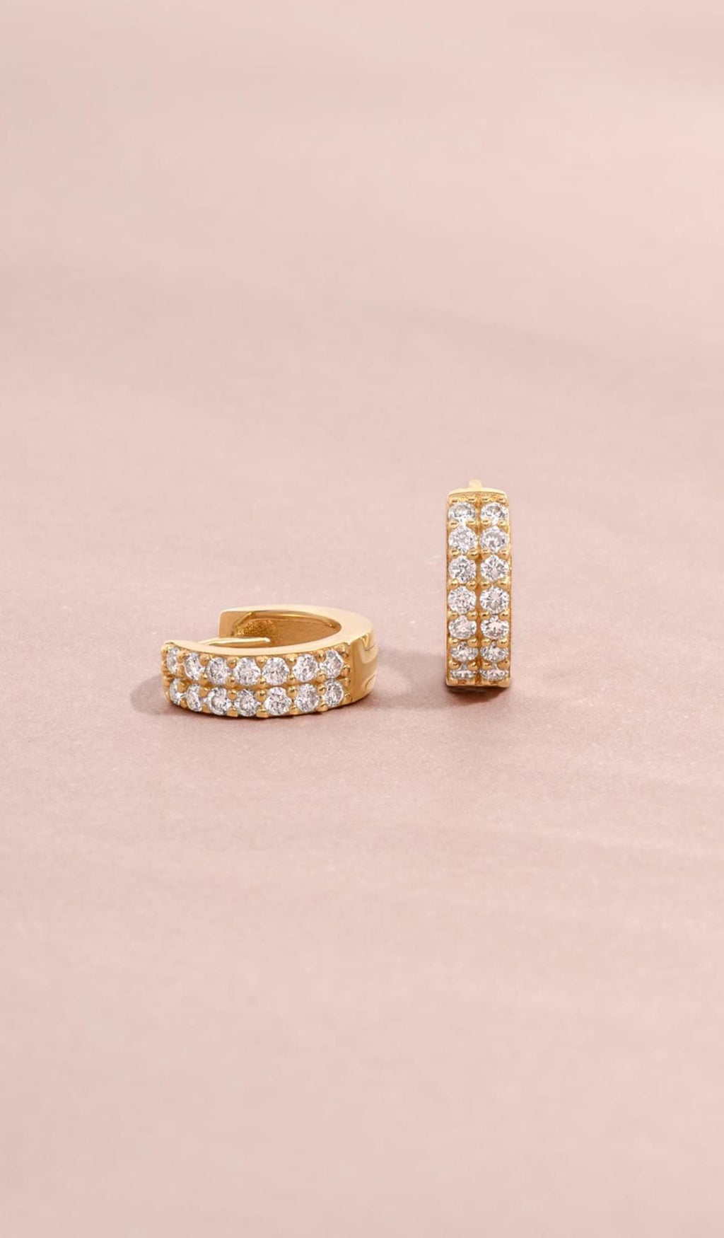 14k Solid Gold Two Row Diamond Huggie Earrings by Sami Jewels, Small Gold Hoops, Huggie Earrings, Diamond Earrings