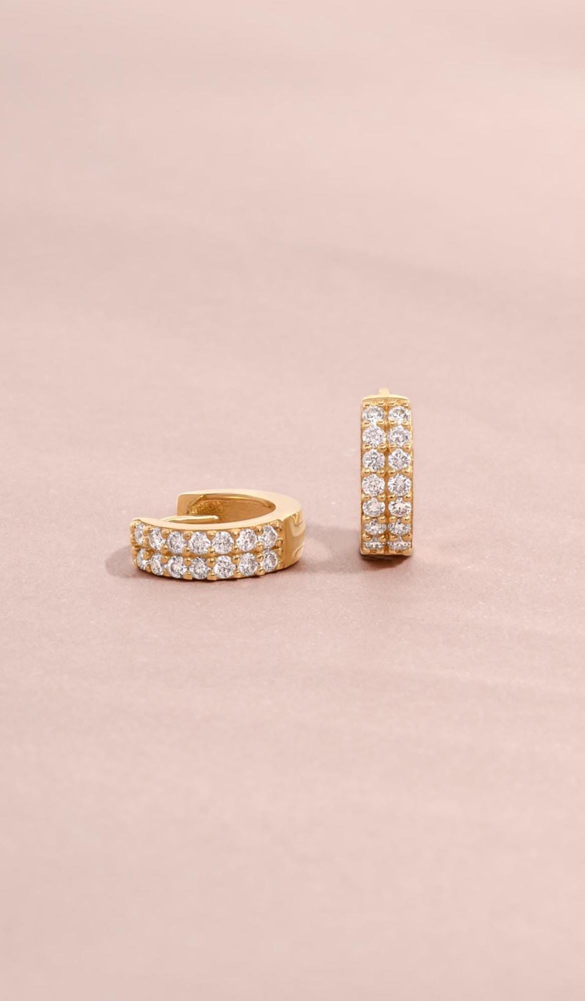 14k Solid Gold Two Row Diamond Huggie Earrings by Sami Jewels, Small Gold Hoops, Huggie Earrings, Diamond Earrings