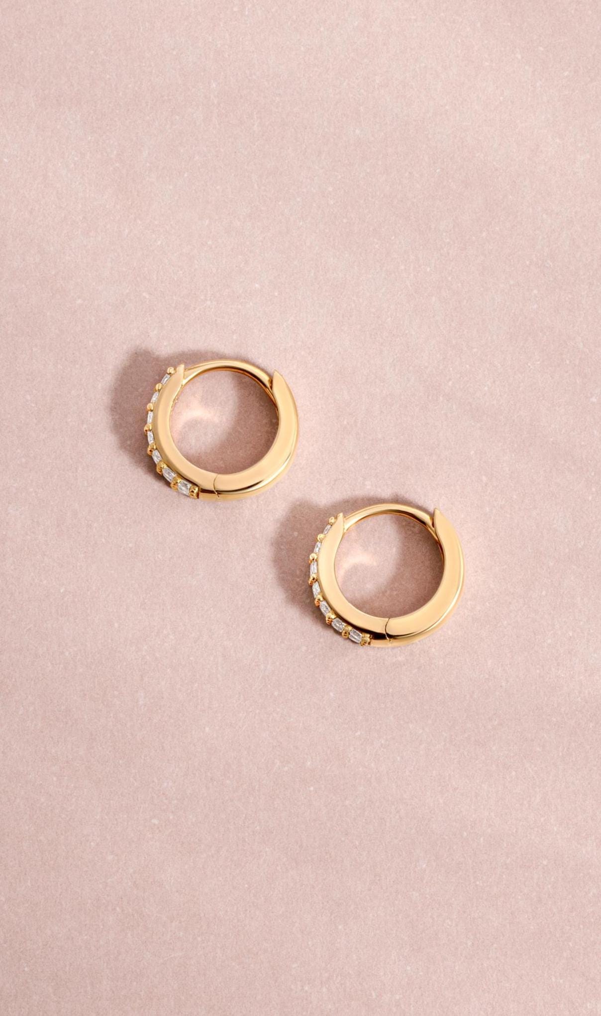 14k Solid Gold Two Row Diamond Huggie Earrings by Sami Jewels, Small Gold Hoops, Huggie Earrings, Diamond Earrings
