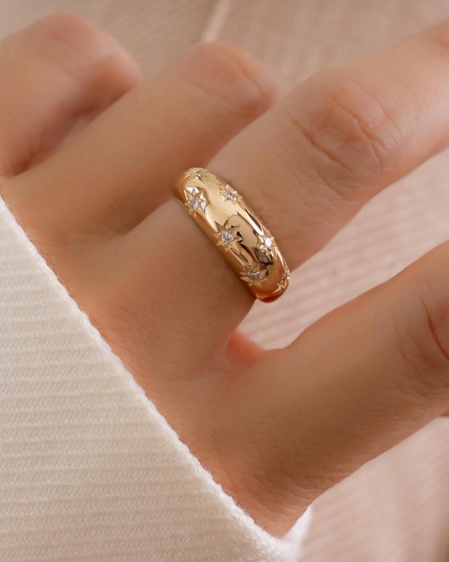 14k Solid Gold Star Dome Ring by Sami Jewels, Lab Diamonds, Fine Jewelry, Celestial Ring, Solid Gold Ring