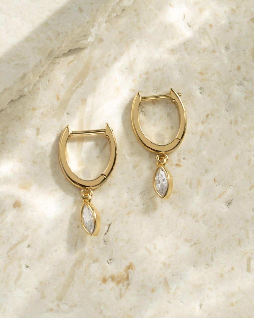 Marquise Bezel Drop Huggie Earrings by Sami Jewels, Dangle Earrings, Charm Earrings