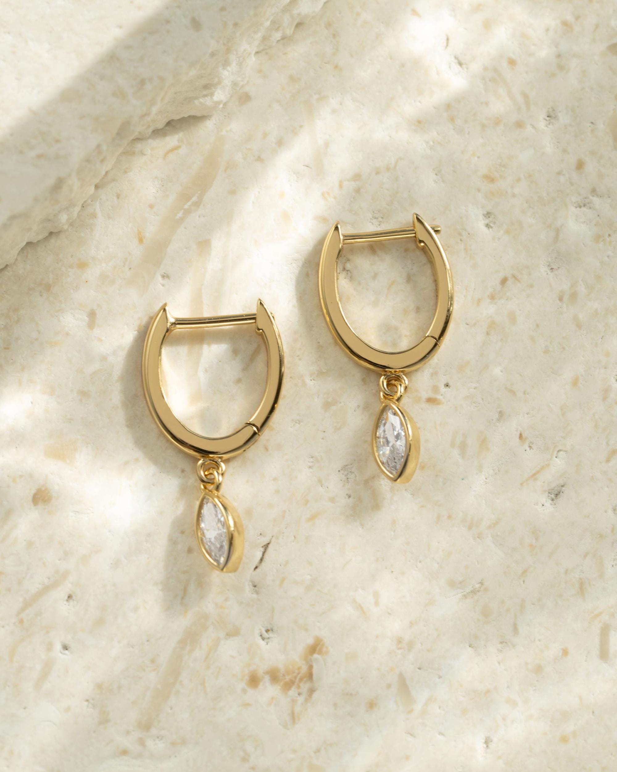 Marquise Bezel Drop Huggie Earrings by Sami Jewels, Dangle Earrings, Charm Earrings