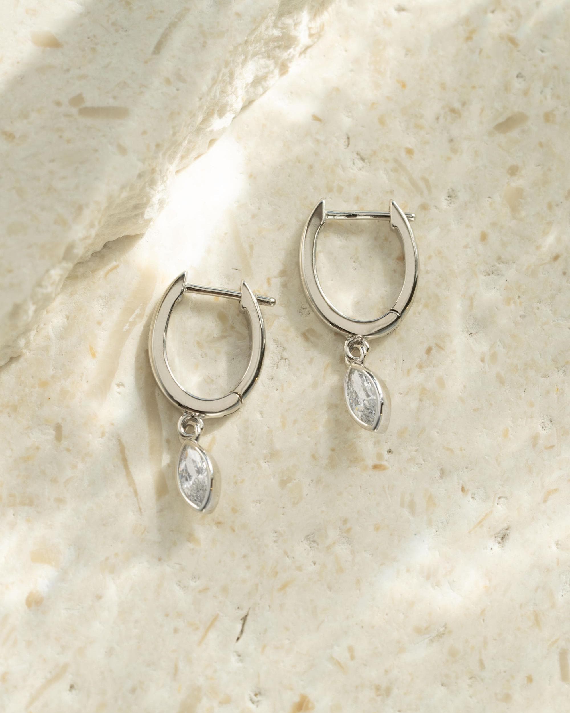 Marquise Bezel Drop Huggie Earrings by Sami Jewels, Dangle Earrings, Charm Earrings