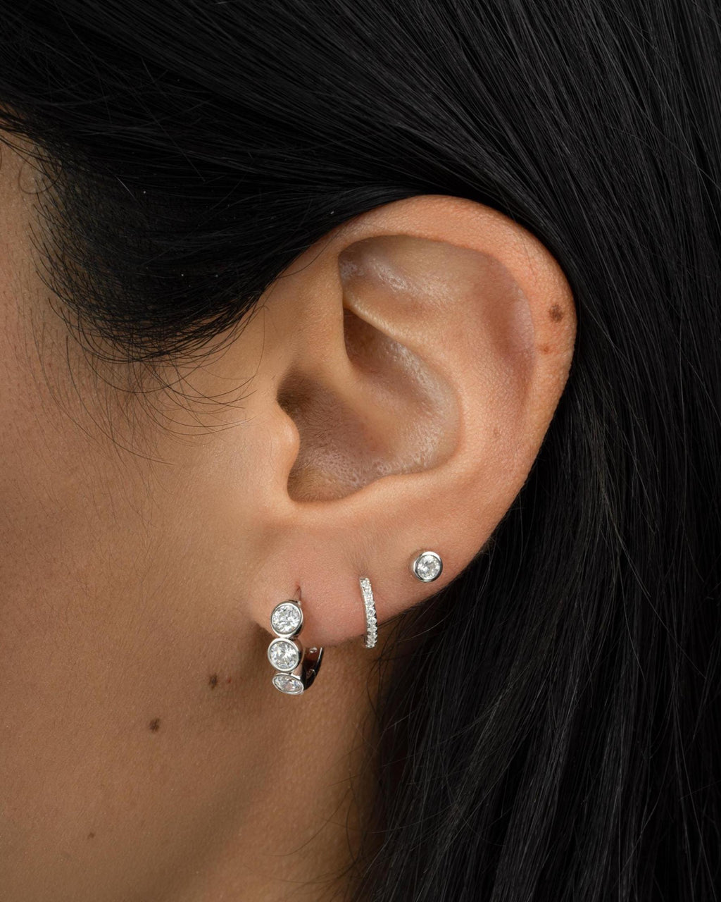 Bezel Huggie Hoop Earrings, 925 Sterling Silver and 14K Gold Plated, 8mm Inner Diameter