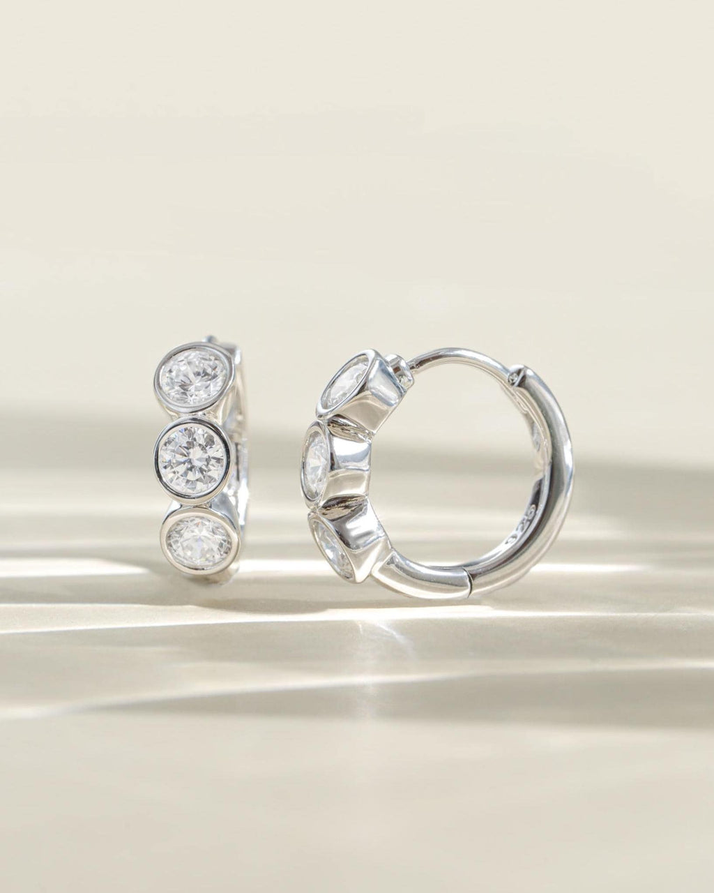 Bezel Huggie Hoop Earrings, 925 Sterling Silver and 14K Gold Plated, 8mm Inner Diameter