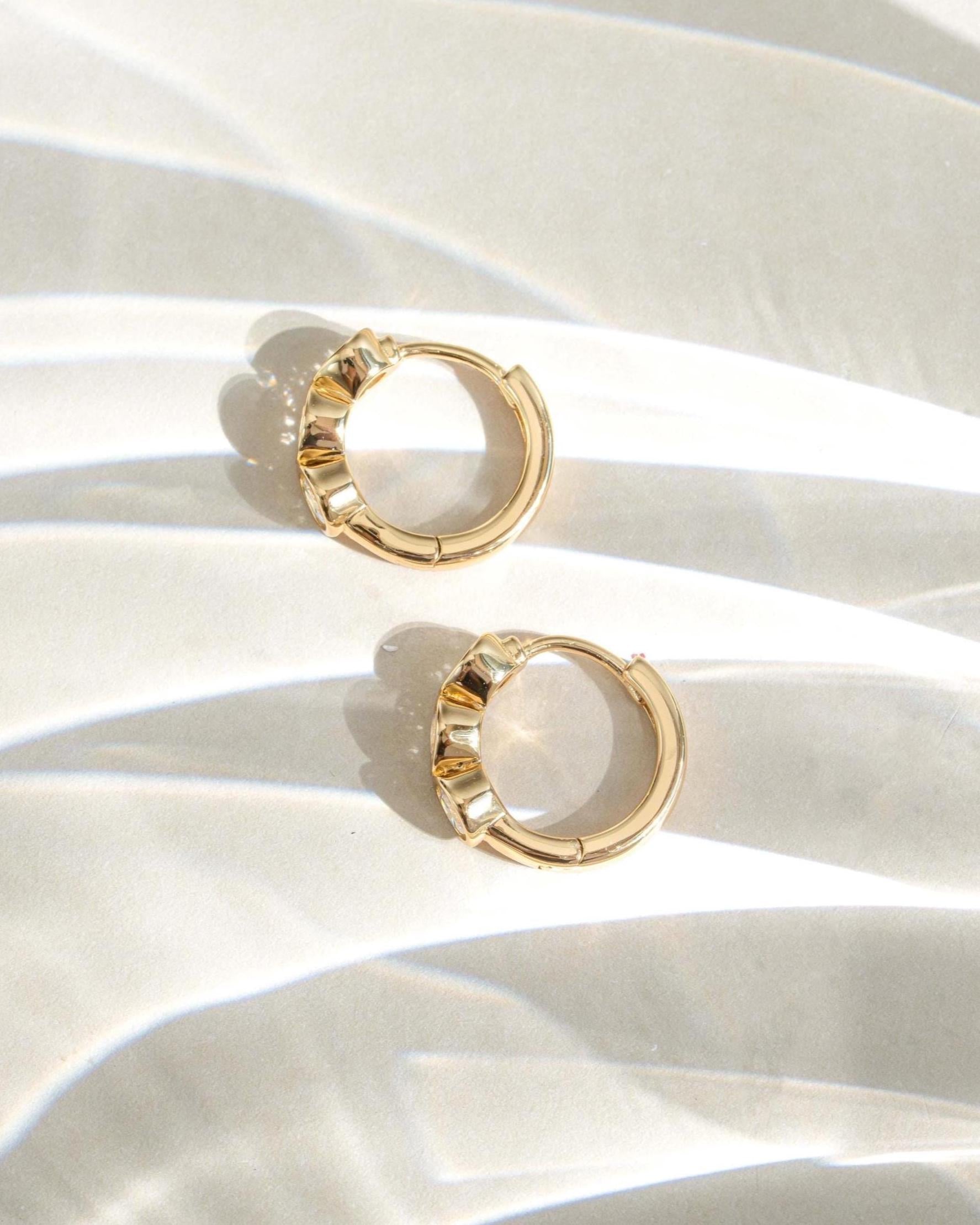 Bezel Huggie Hoop Earrings, 925 Sterling Silver and 14K Gold Plated, 8mm Inner Diameter