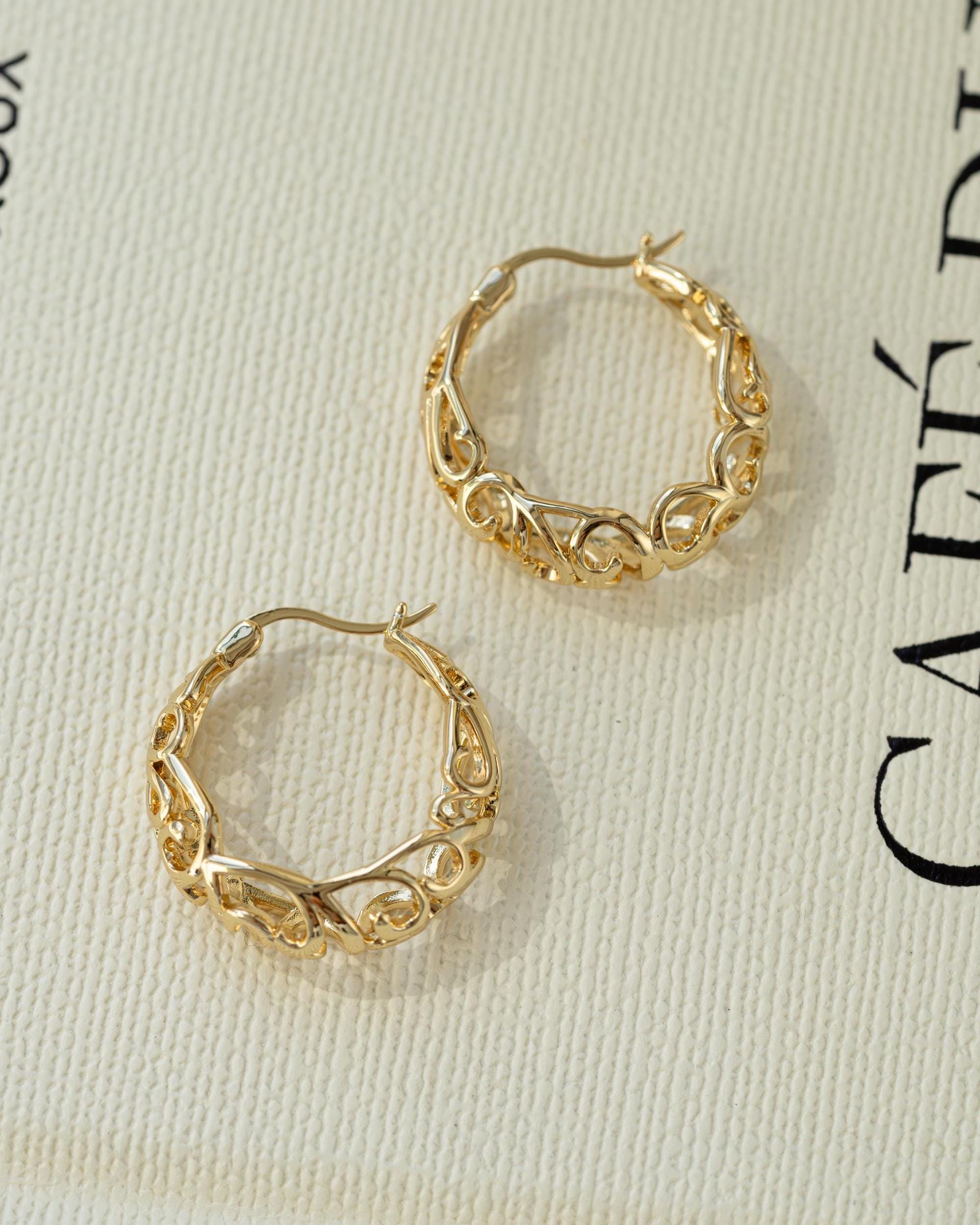 Filigree Gold Hoop Earrings, Vintage Style Statement Hoops