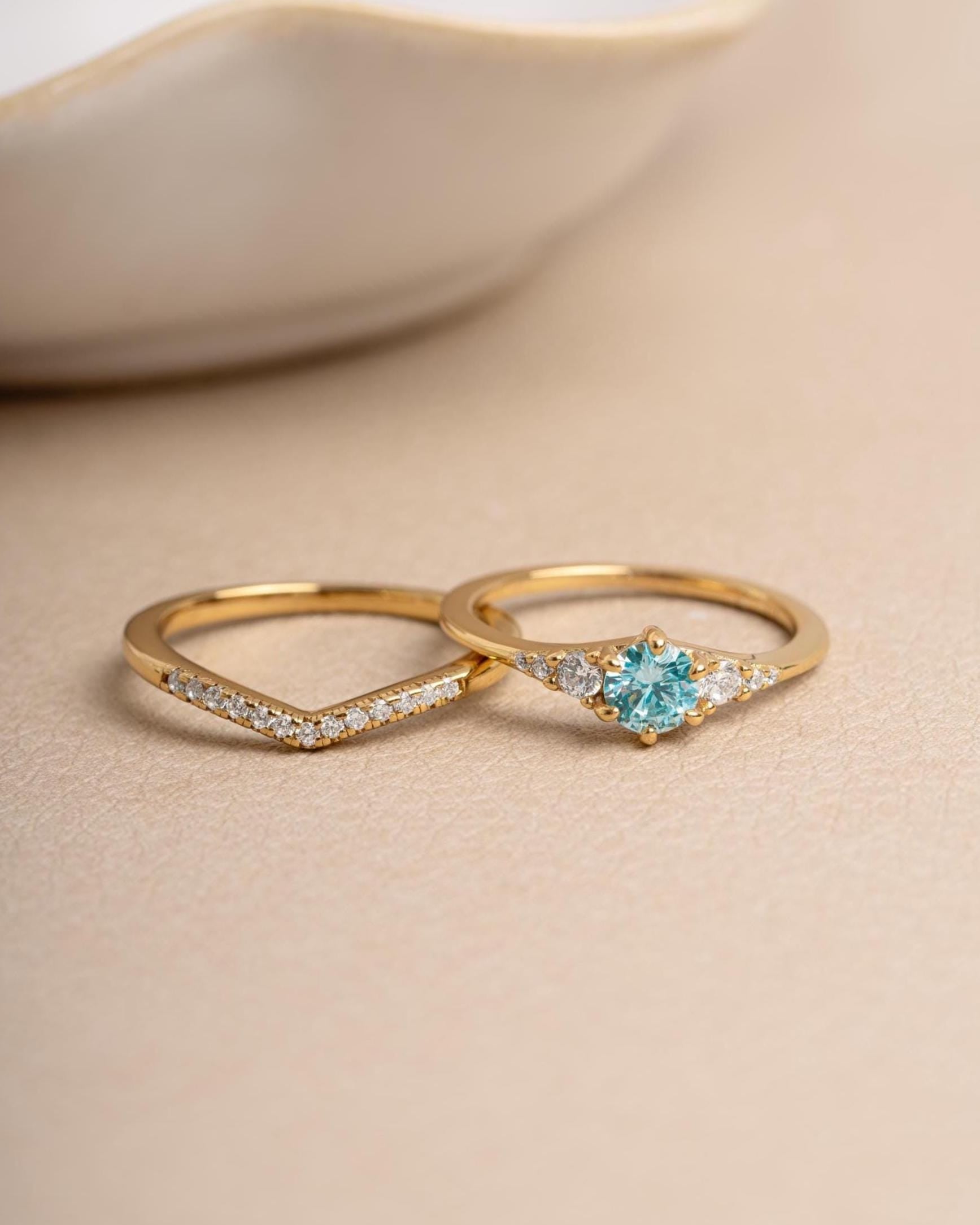 Aquamarine Ring Set, Promise Ring, Chevron Ring, Bridal Jewelry, Bridesmaids Jewelry, Stackable Rings, Gemstone Ring