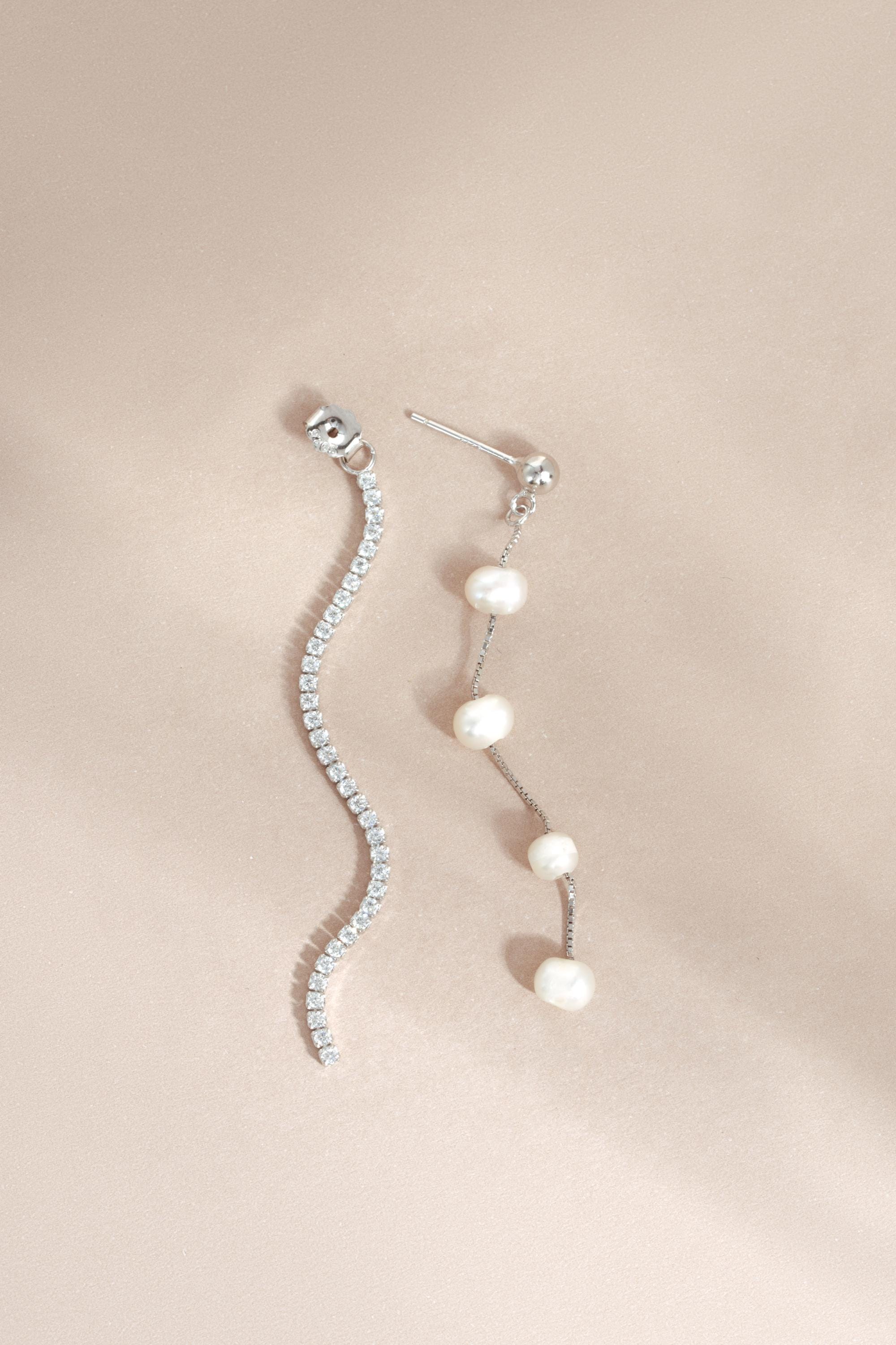 Long Pearl Drop Earrings, Freshwater Dangle Earrings with CZ Chain, 14k Gold Plated Sterling Silver, Bridal Earrings