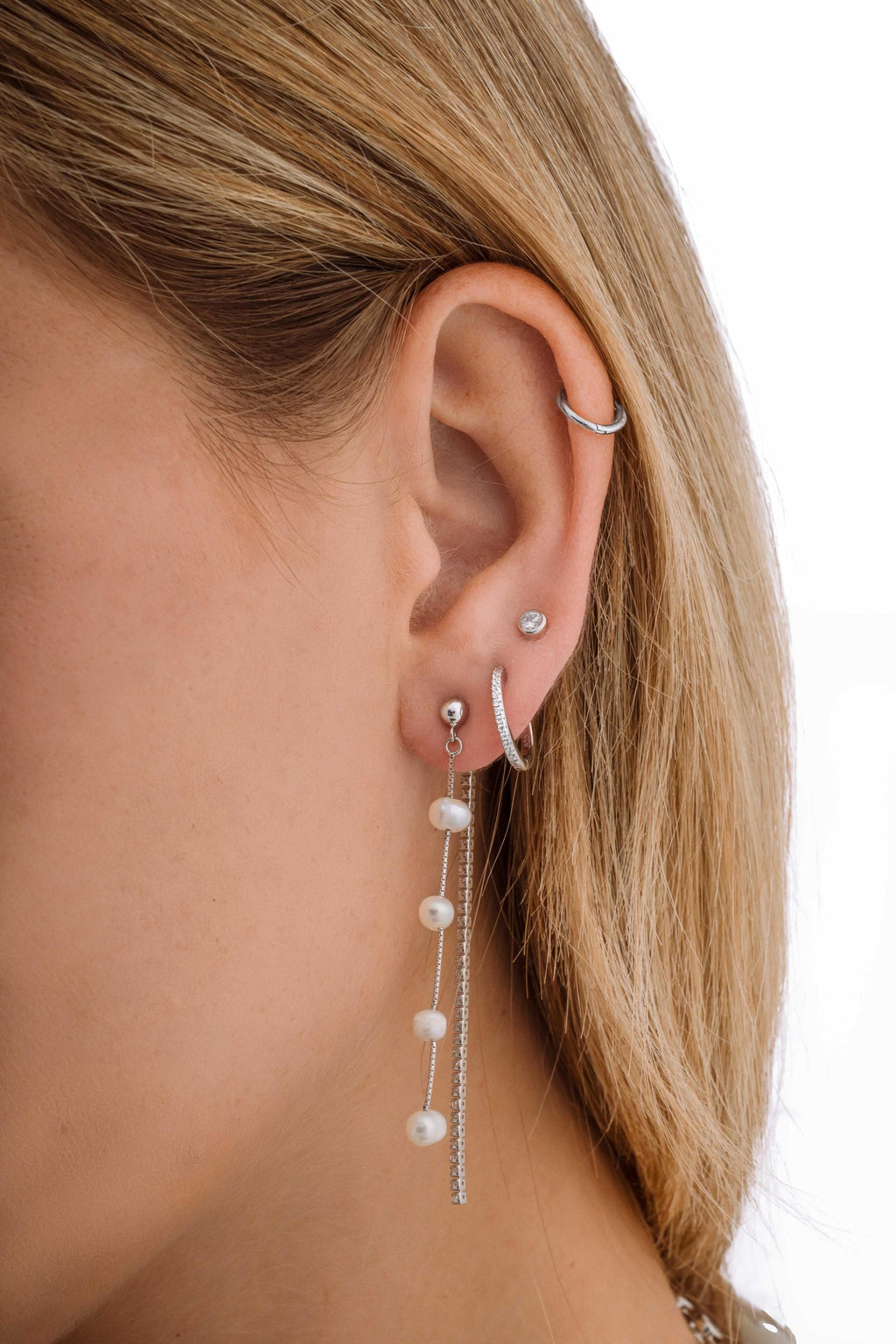Long Pearl Drop Earrings, Freshwater Dangle Earrings with CZ Chain, 14k Gold Plated Sterling Silver, Bridal Earrings