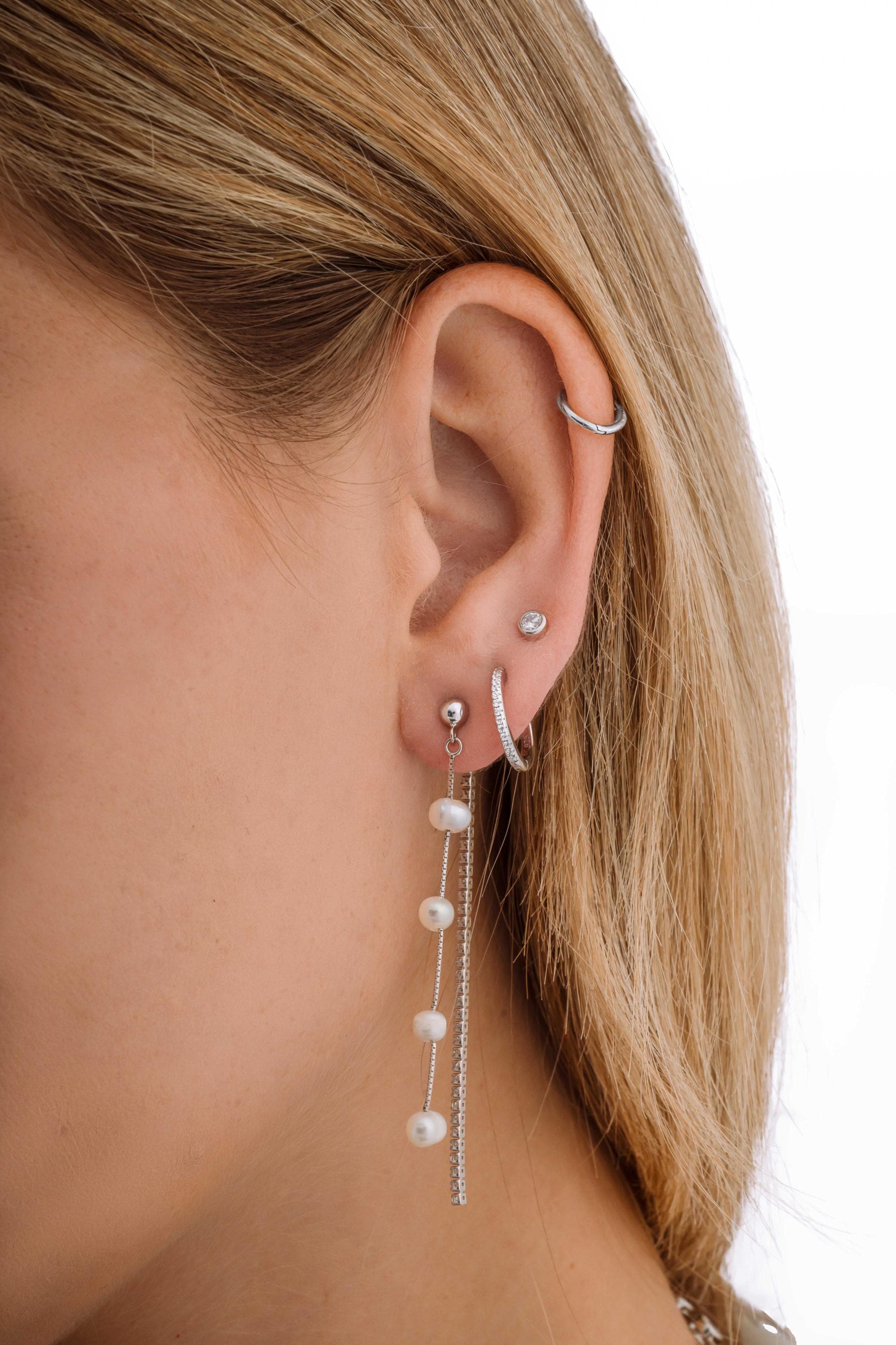 Long Pearl Drop Earrings, Freshwater Dangle Earrings with CZ Chain, 14k Gold Plated Sterling Silver, Bridal Earrings