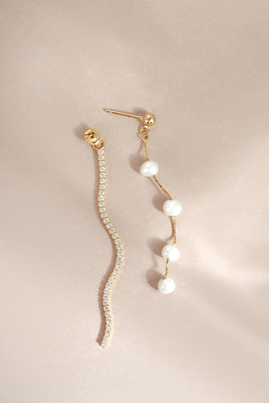 Long Pearl Drop Earrings, Freshwater Dangle Earrings with CZ Chain, 14k Gold Plated Sterling Silver, Bridal Earrings