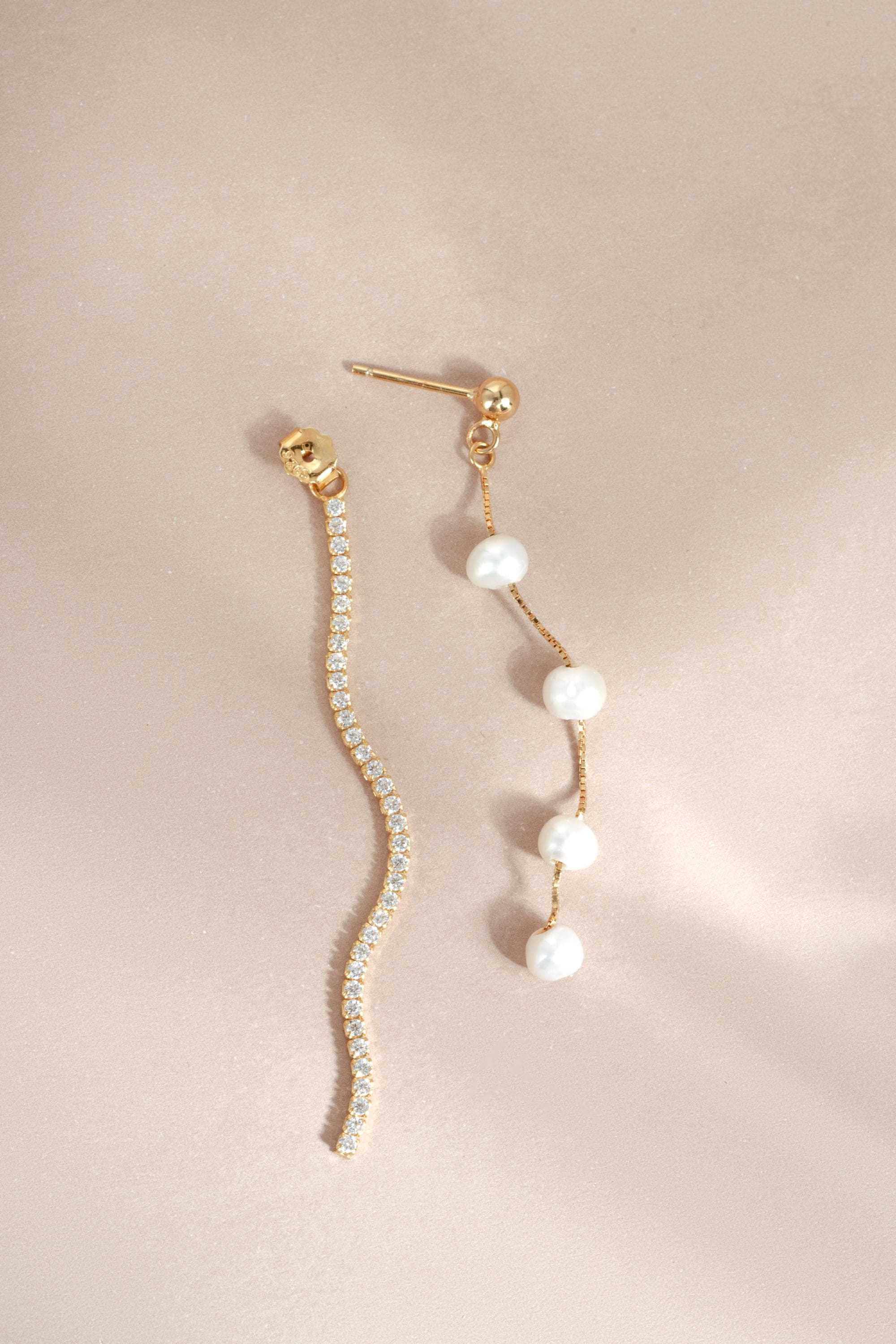 Long Pearl Drop Earrings, Freshwater Dangle Earrings with CZ Chain, 14k Gold Plated Sterling Silver, Bridal Earrings