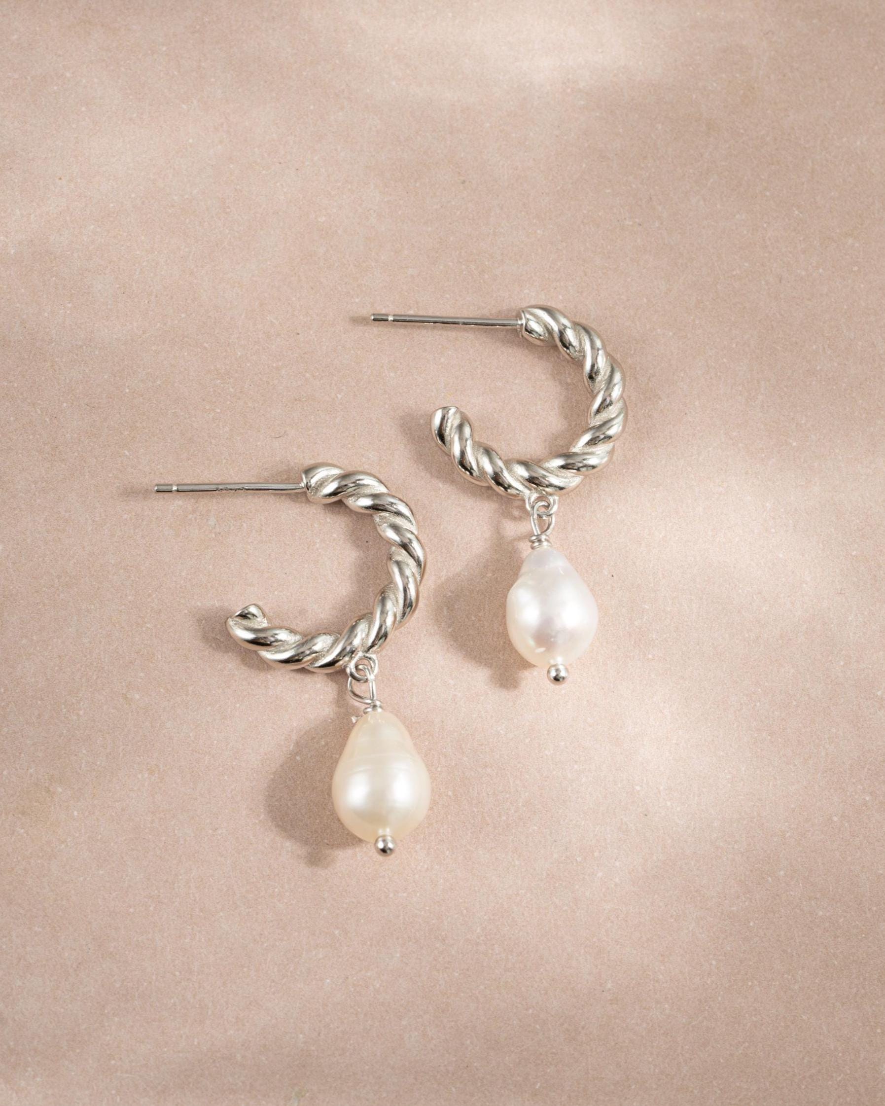 Pearl Drop Earrings, Twisted Hoop with Baroque Pearl Charm, Pearl Earrings, 14k Gold Plated Sterling Silver