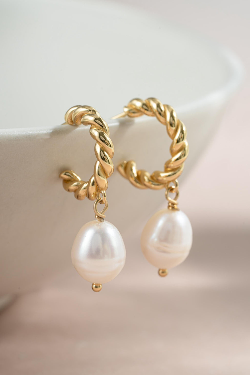 Pearl Drop Earrings, Twisted Hoop with Baroque Pearl Charm, Pearl Earrings, 14k Gold Plated Sterling Silver