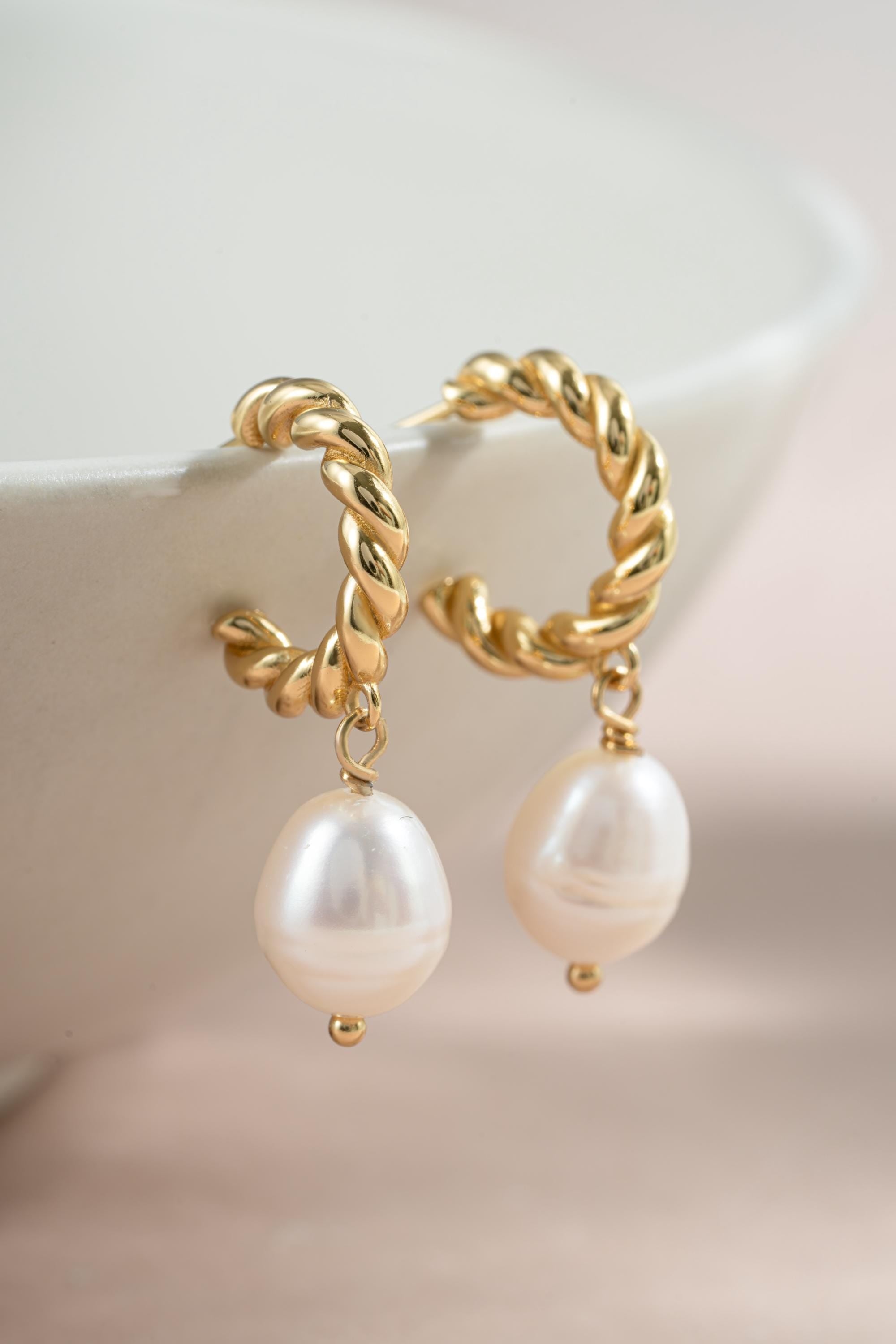 Pearl Drop Earrings, Twisted Hoop with Baroque Pearl Charm, Pearl Earrings, 14k Gold Plated Sterling Silver