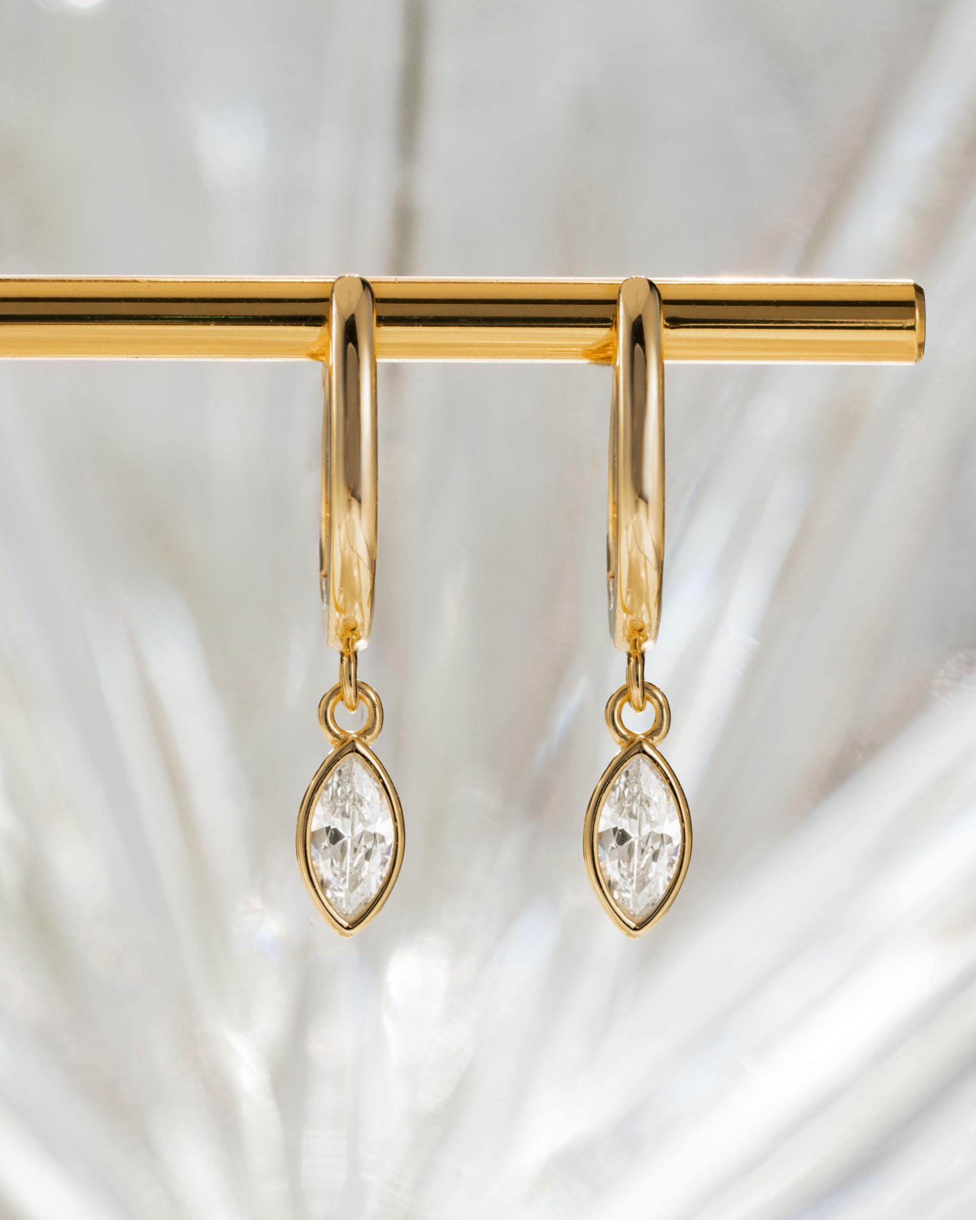 Marquise Bezel Drop Huggie Earrings by Sami Jewels, Dangle Earrings, Charm Earrings