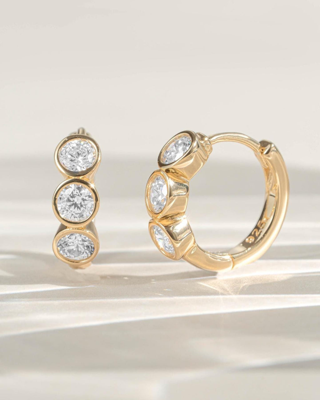 Bezel Huggie Hoop Earrings, 925 Sterling Silver and 14K Gold Plated, 8mm Inner Diameter
