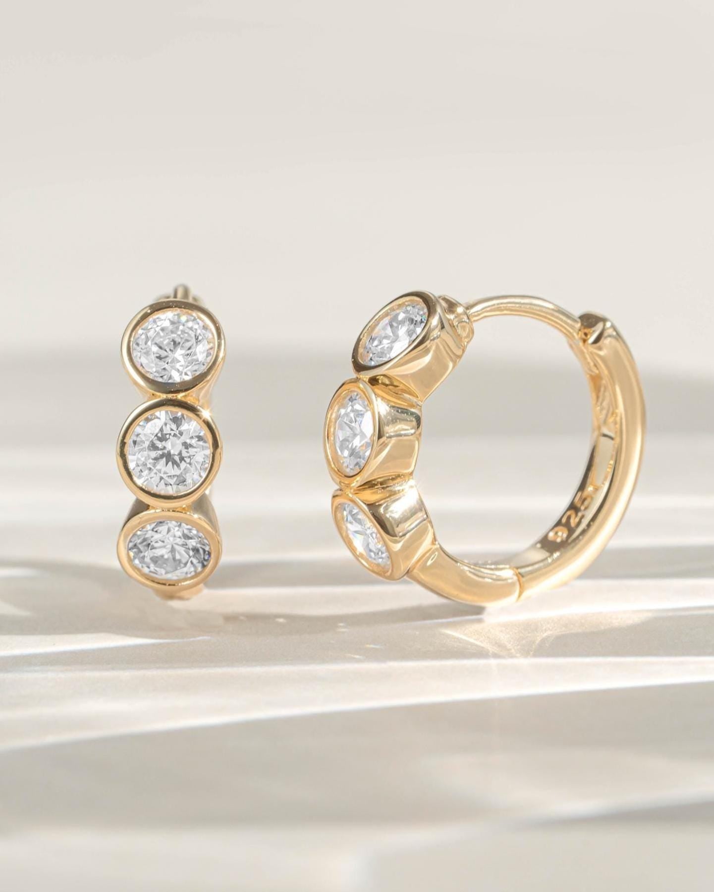 Bezel Huggie Hoop Earrings, 925 Sterling Silver and 14K Gold Plated, 8mm Inner Diameter