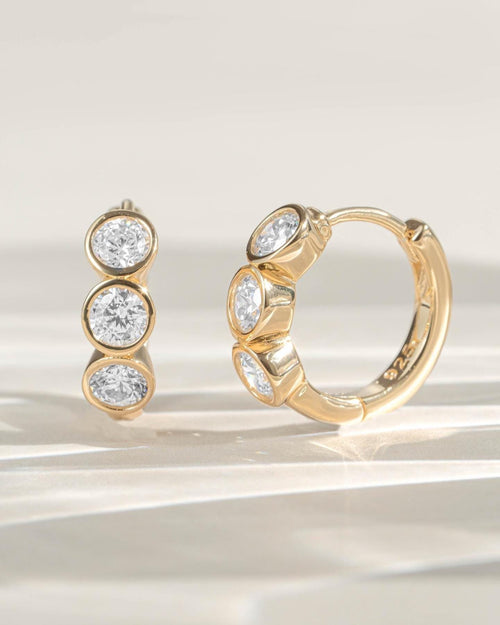 Bezel Huggie Hoop Earrings, 925 Sterling Silver and 14K Gold Plated, 8mm Inner Diameter