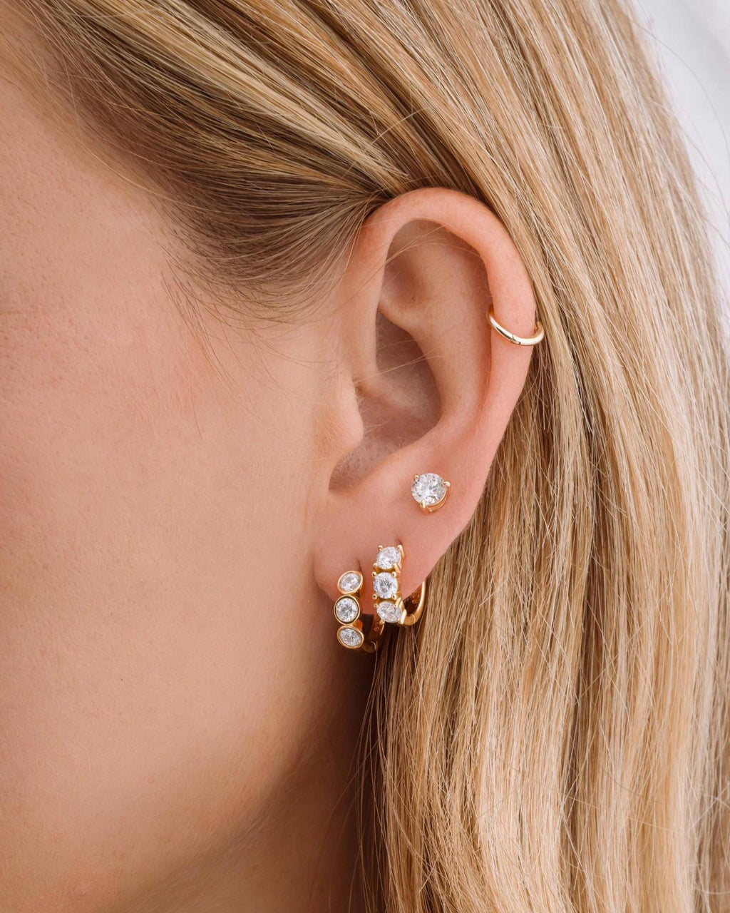 Bezel Huggie Hoop Earrings, 925 Sterling Silver and 14K Gold Plated, 8mm Inner Diameter