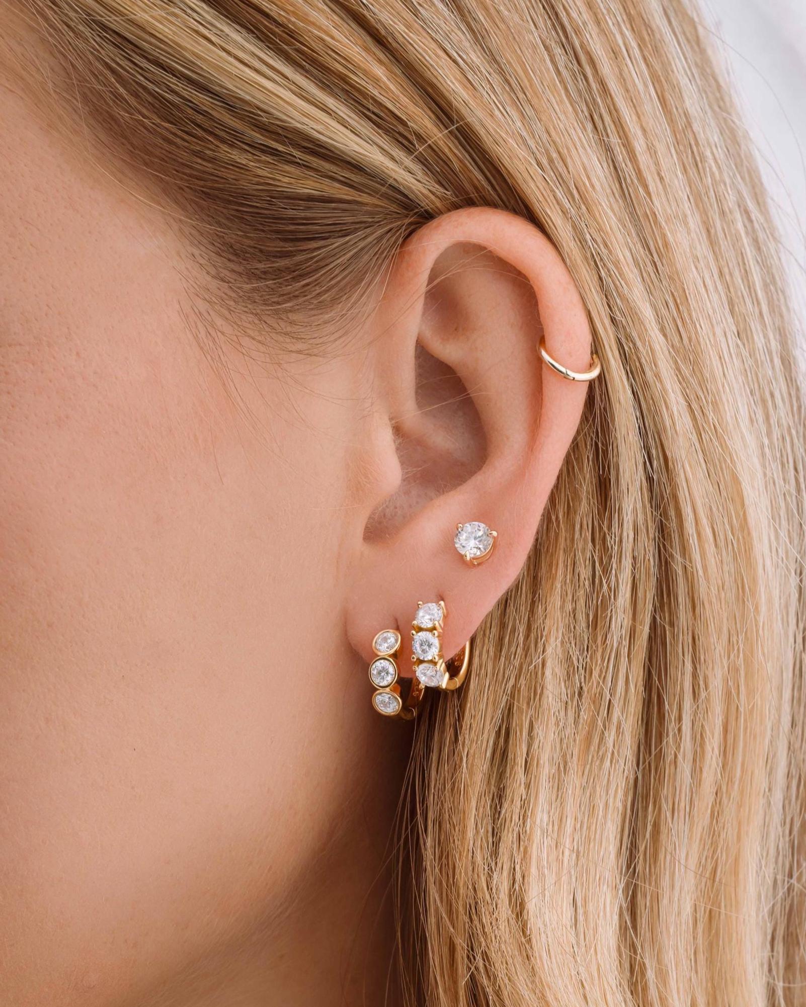 Bezel Huggie Hoop Earrings, 925 Sterling Silver and 14K Gold Plated, 8mm Inner Diameter