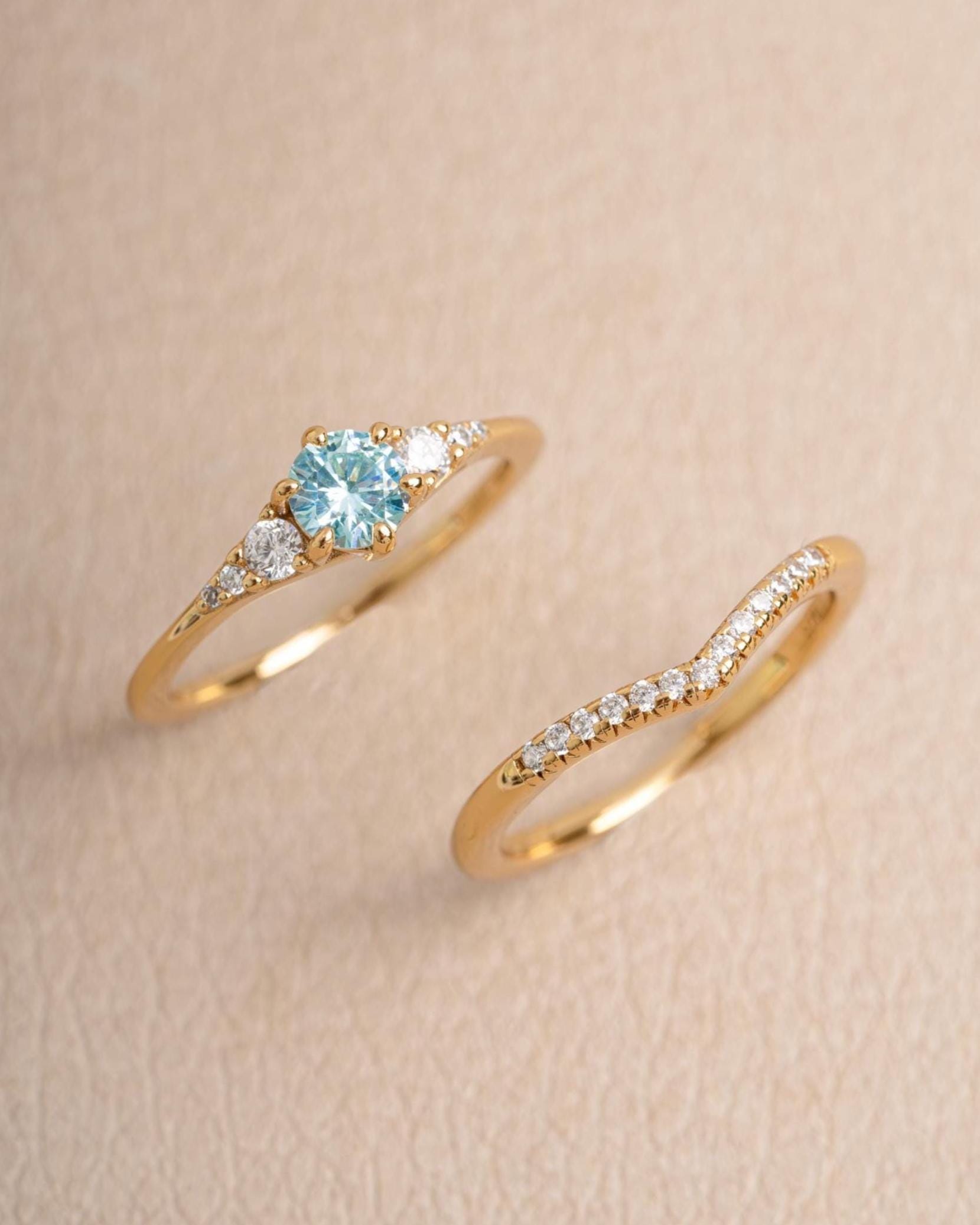 Aquamarine Ring Set, Promise Ring, Chevron Ring, Bridal Jewelry, Bridesmaids Jewelry, Stackable Rings, Gemstone Ring