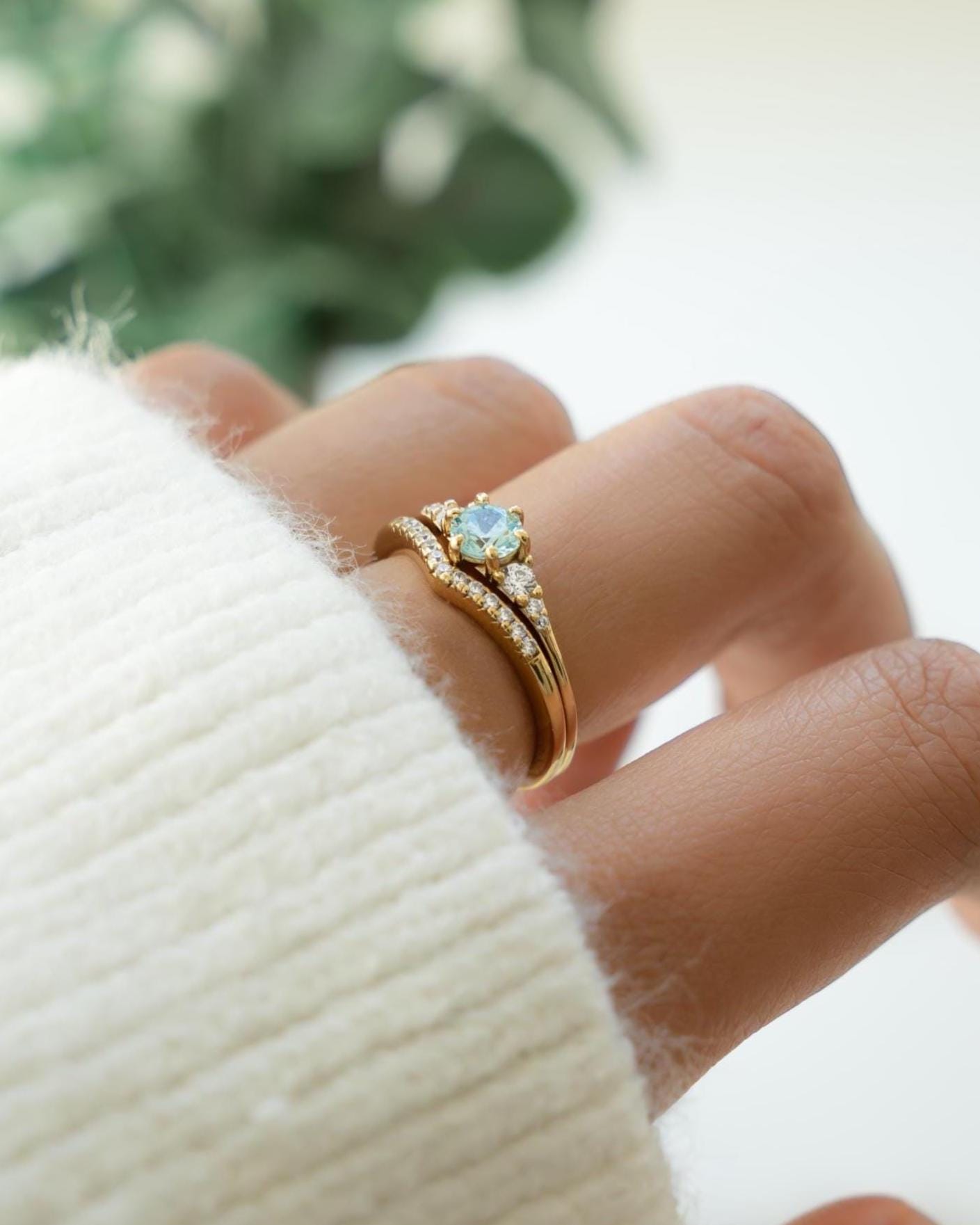 Aquamarine Ring Set, Promise Ring, Chevron Ring, Bridal Jewelry, Bridesmaids Jewelry, Stackable Rings, Gemstone Ring