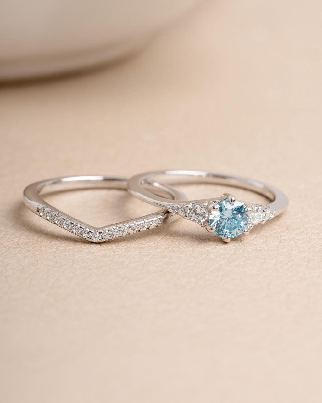 Aquamarine Ring Set, Promise Ring, Chevron Ring, Bridal Jewelry, Bridesmaids Jewelry, Stackable Rings, Gemstone Ring
