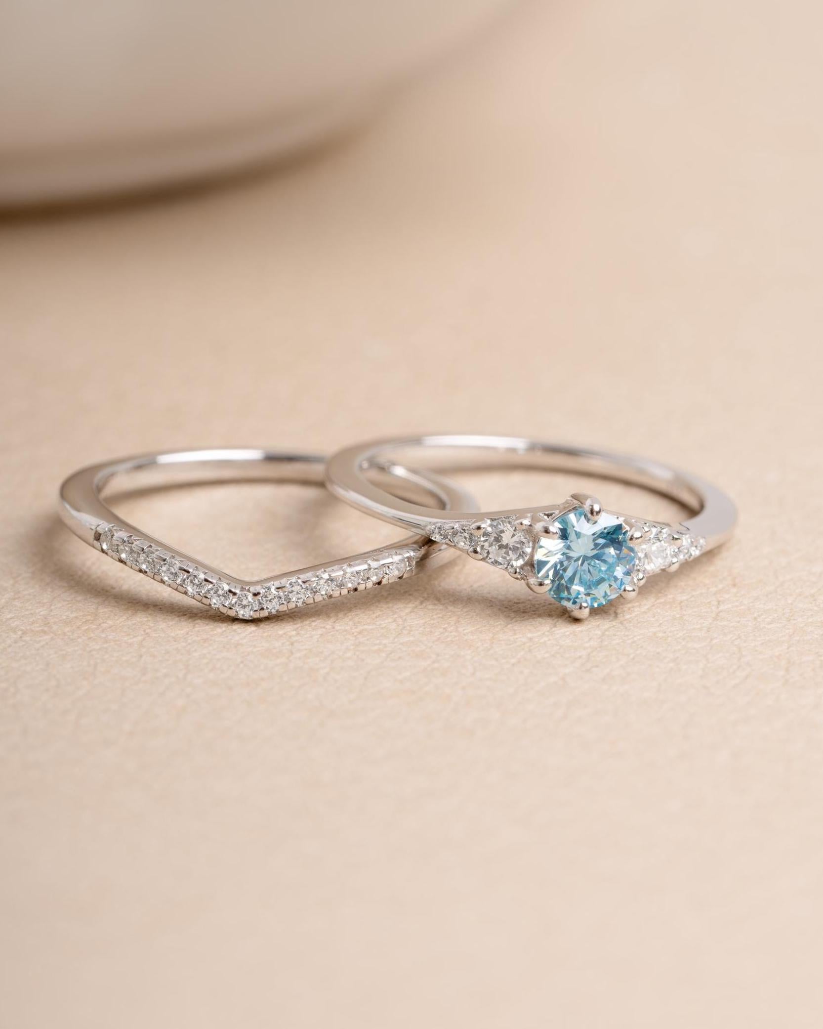 Aquamarine Ring Set, Promise Ring, Chevron Ring, Bridal Jewelry, Bridesmaids Jewelry, Stackable Rings, Gemstone Ring