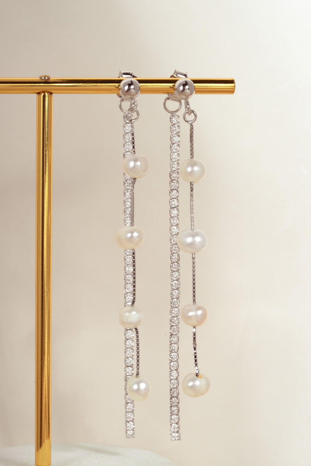 Long Pearl Drop Earrings, Freshwater Dangle Earrings with CZ Chain, 14k Gold Plated Sterling Silver, Bridal Earrings
