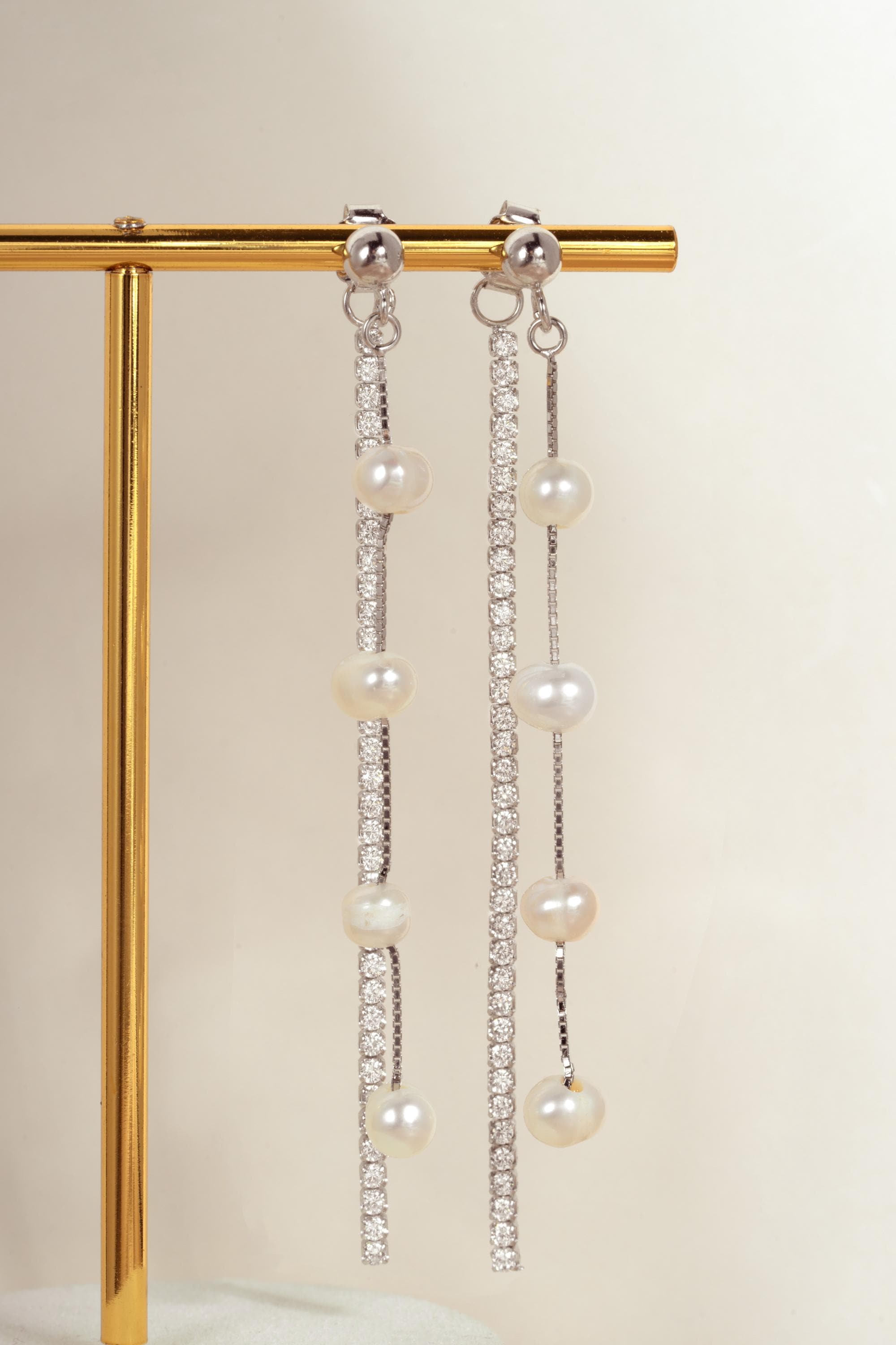 Long Pearl Drop Earrings, Freshwater Dangle Earrings with CZ Chain, 14k Gold Plated Sterling Silver, Bridal Earrings