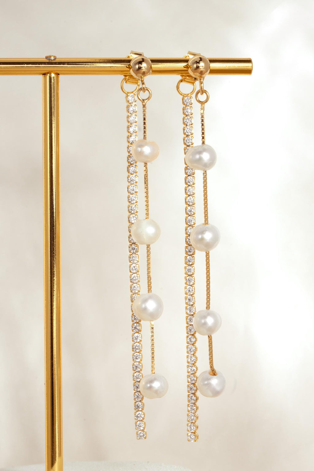 Long Pearl Drop Earrings, Freshwater Dangle Earrings with CZ Chain, 14k Gold Plated Sterling Silver, Bridal Earrings