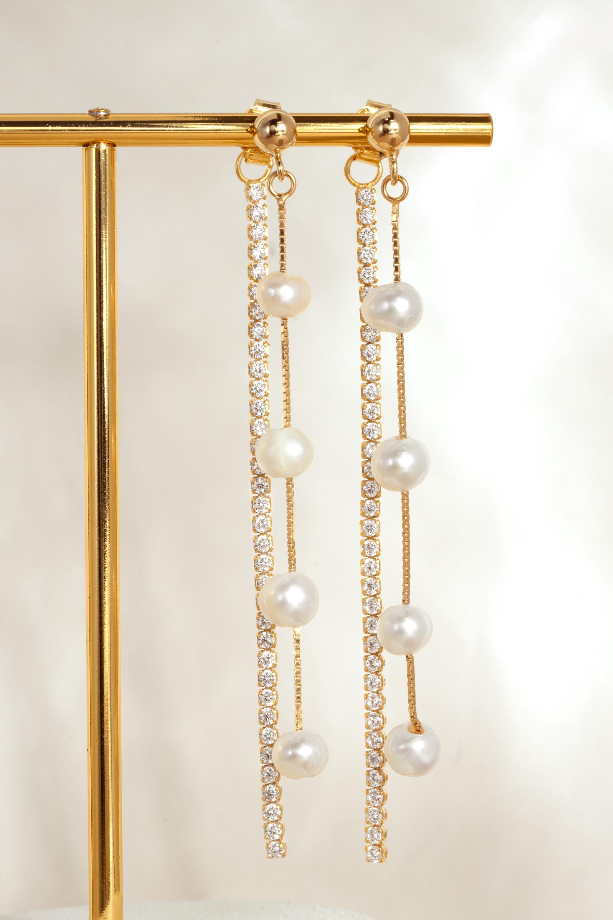 Long Pearl Drop Earrings, Freshwater Dangle Earrings with CZ Chain, 14k Gold Plated Sterling Silver, Bridal Earrings