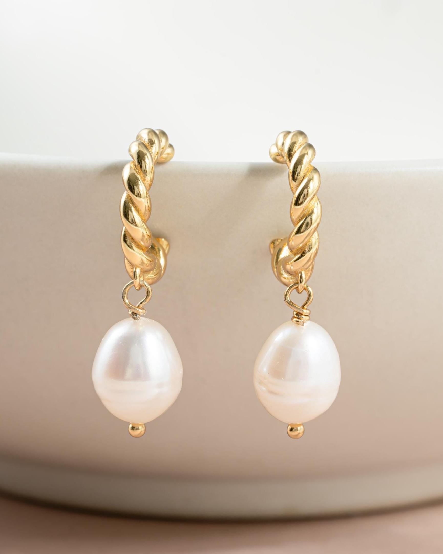 Pearl Drop Earrings, Twisted Hoop with Baroque Pearl Charm, Pearl Earrings, 14k Gold Plated Sterling Silver