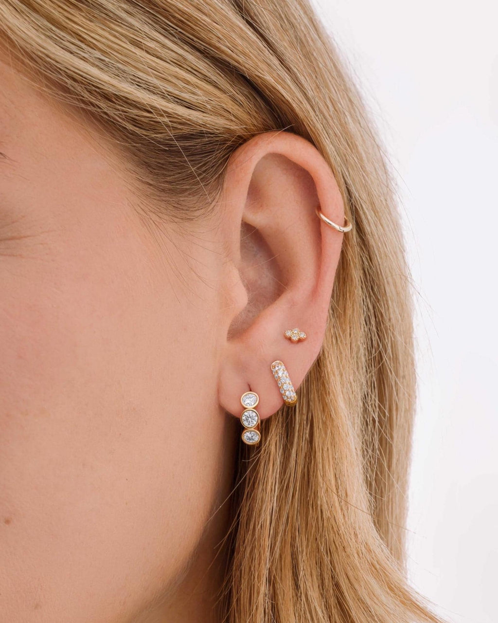 Bezel Huggie Hoop Earrings, 925 Sterling Silver and 14K Gold Plated, 8mm Inner Diameter