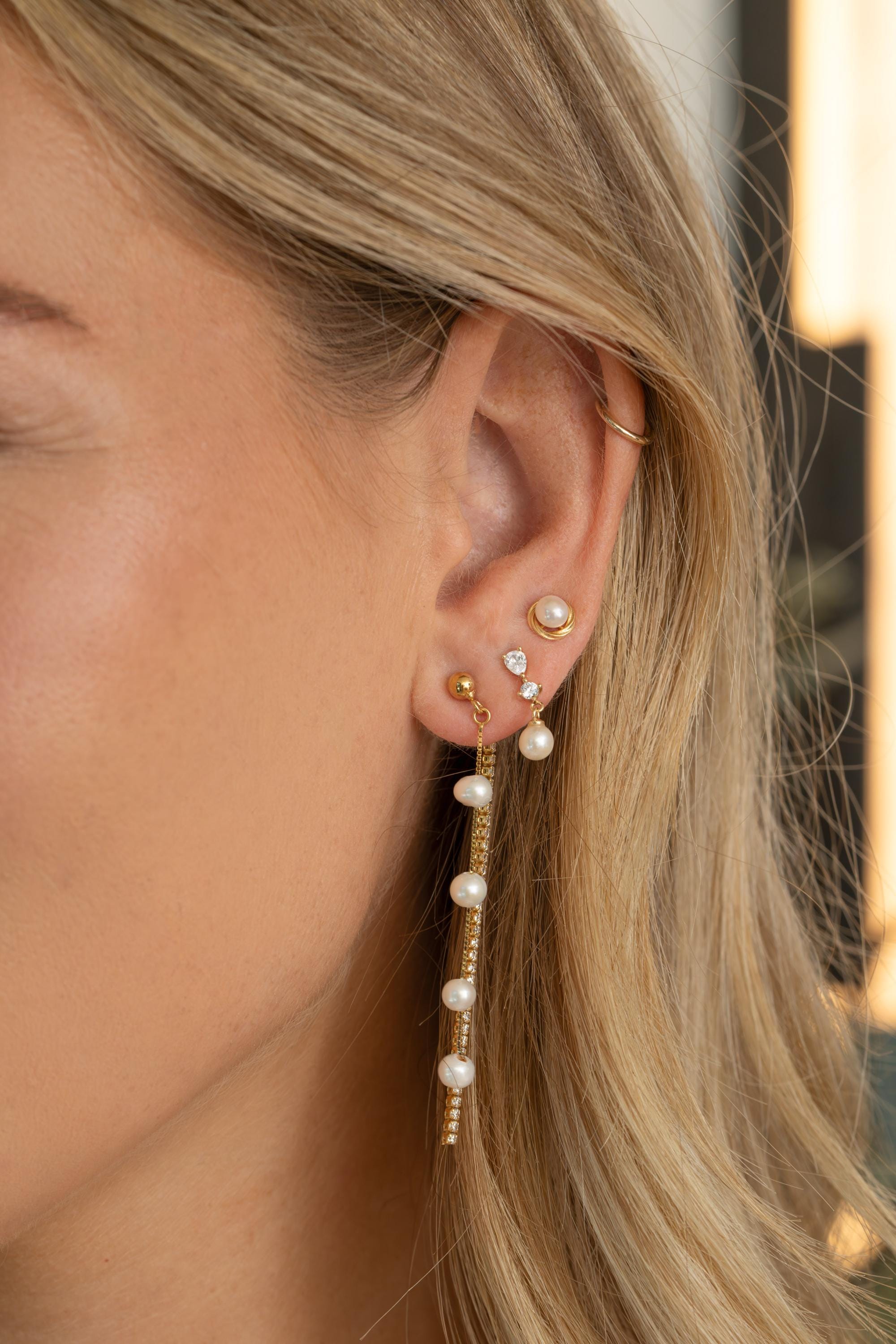 Long Pearl Drop Earrings, Freshwater Dangle Earrings with CZ Chain, 14k Gold Plated Sterling Silver, Bridal Earrings