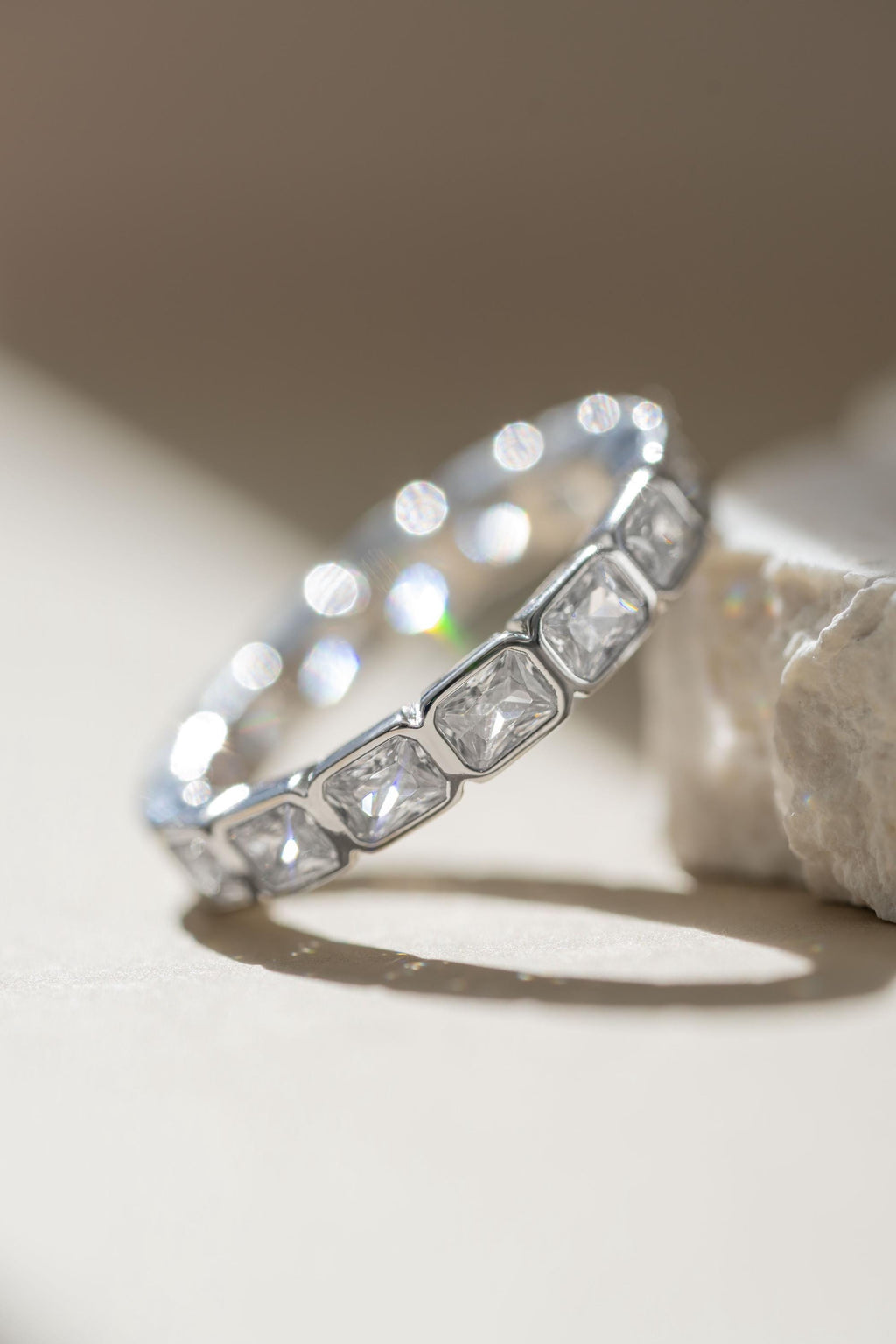 Bezel Set Emerald Cut Eternity Ring, Stackable Diamond Band, 14k Gold Plated Sterling Silver