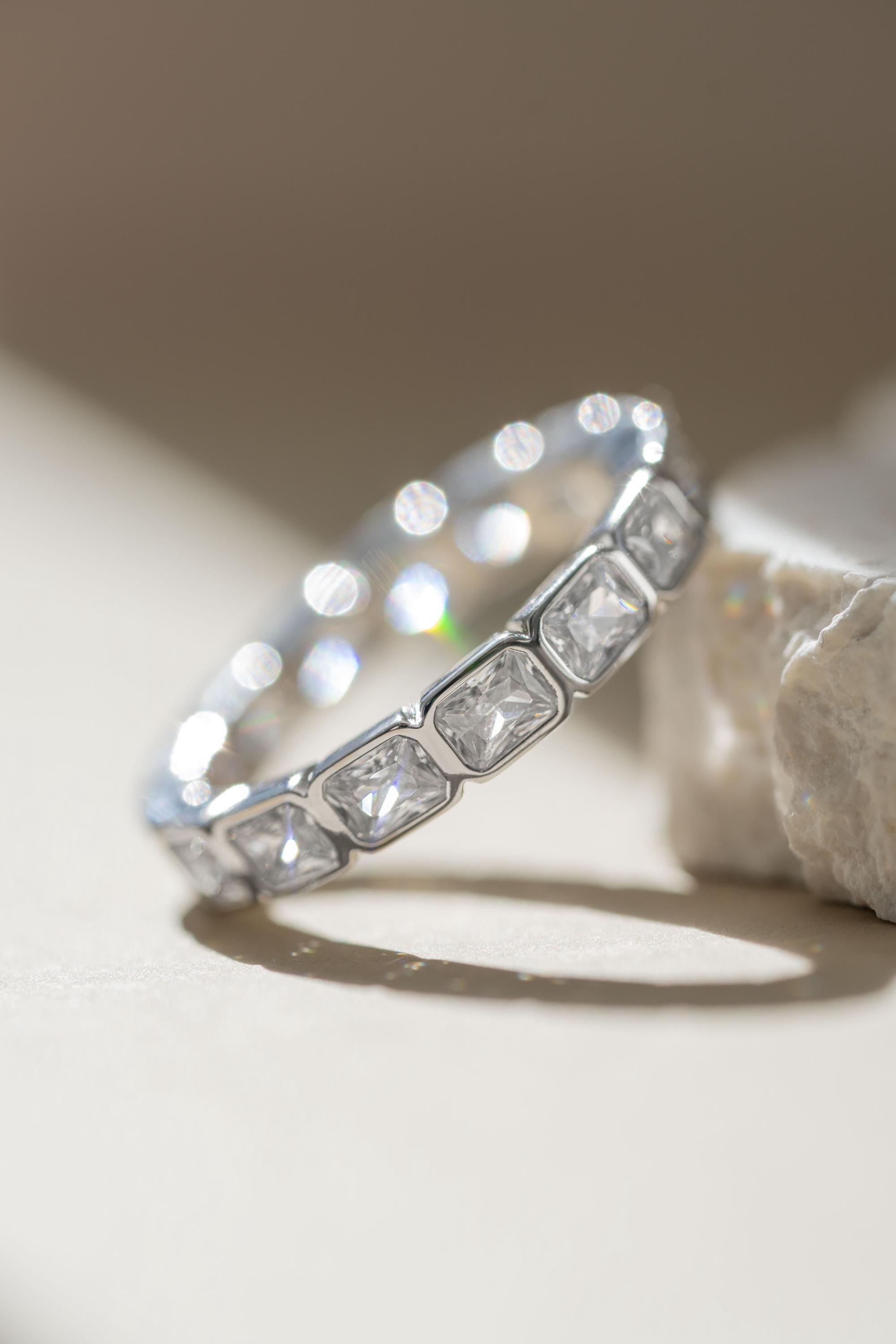Bezel Set Emerald Cut Eternity Ring, Stackable Diamond Band, 14k Gold Plated Sterling Silver