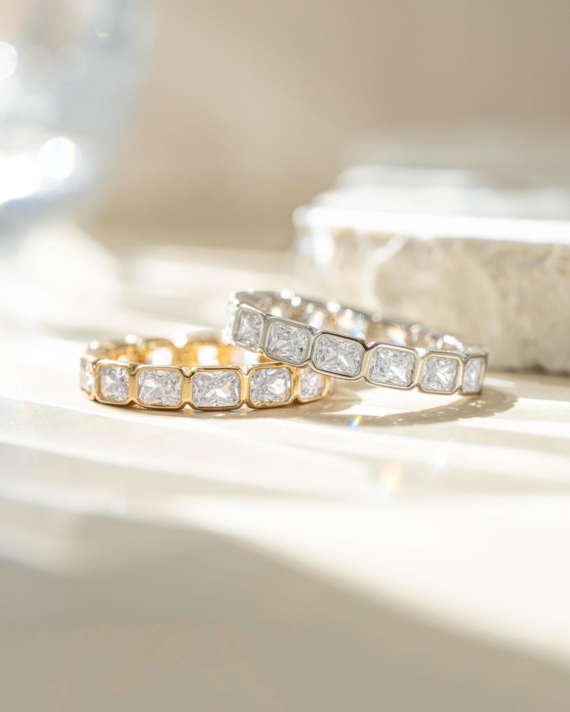 Bezel Set Emerald Cut Eternity Ring, Stackable Diamond Band, 14k Gold Plated Sterling Silver