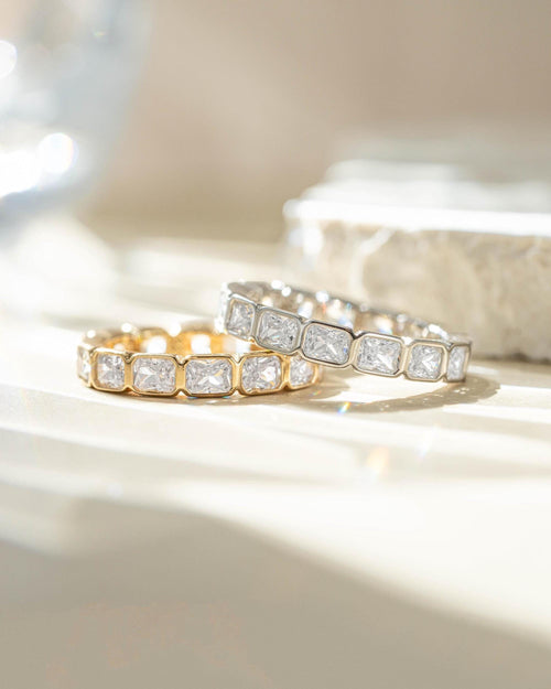 Bezel Set Emerald Cut Eternity Ring, Stackable Diamond Band, 14k Gold Plated Sterling Silver