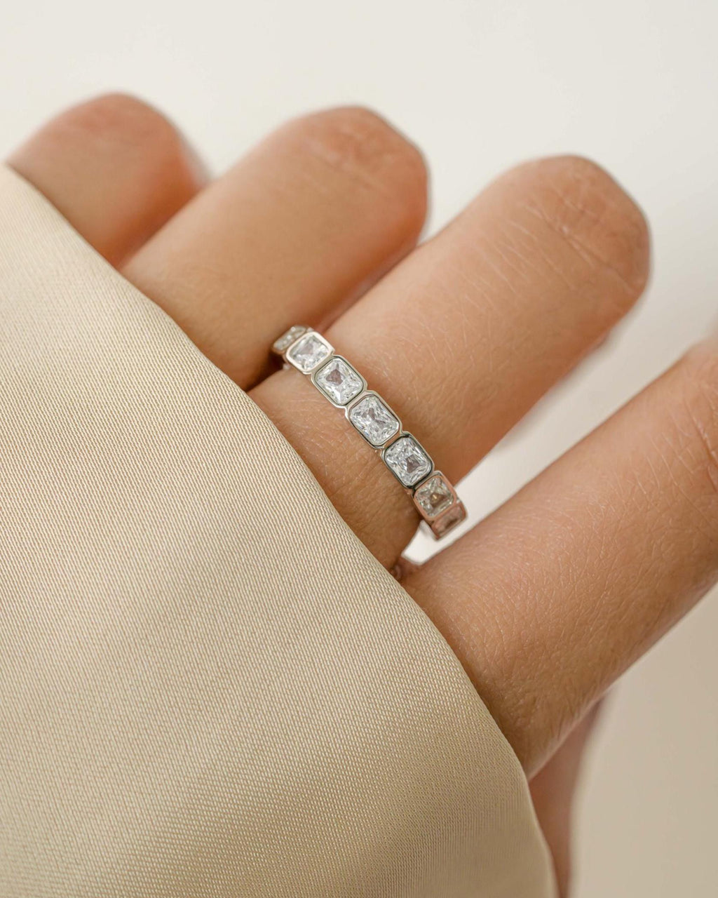 Bezel Set Emerald Cut Eternity Ring, Stackable Diamond Band, 14k Gold Plated Sterling Silver