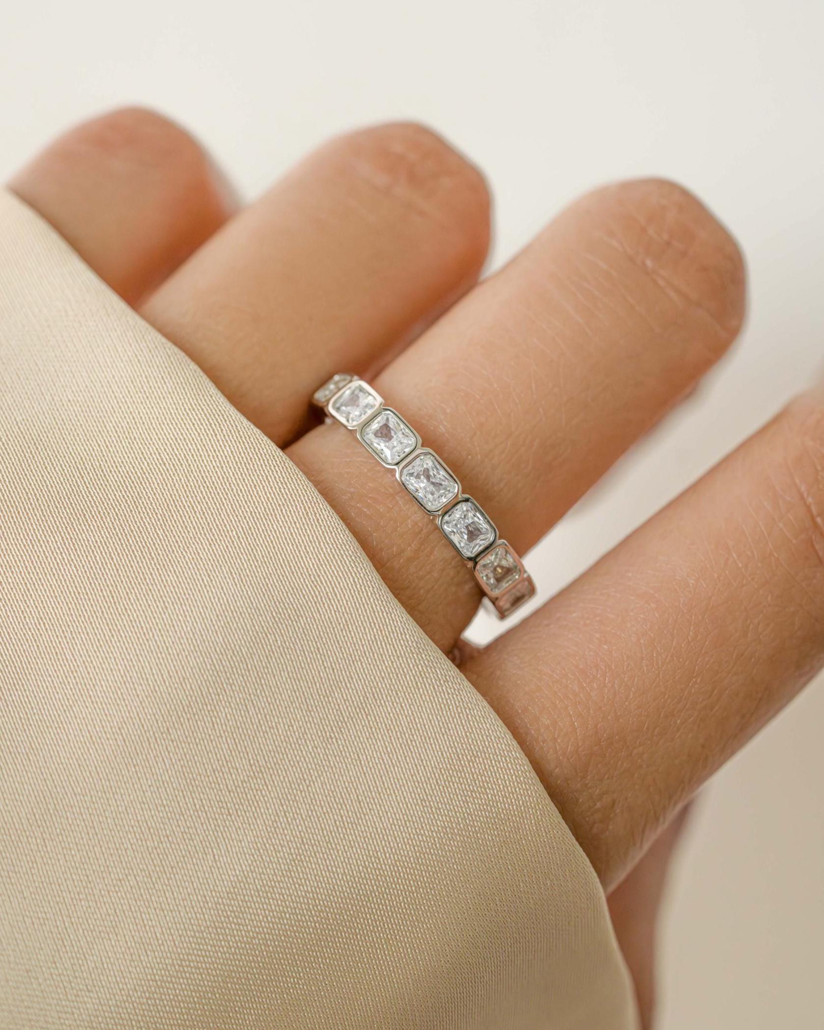 Bezel Set Emerald Cut Eternity Ring, Stackable Diamond Band, 14k Gold Plated Sterling Silver